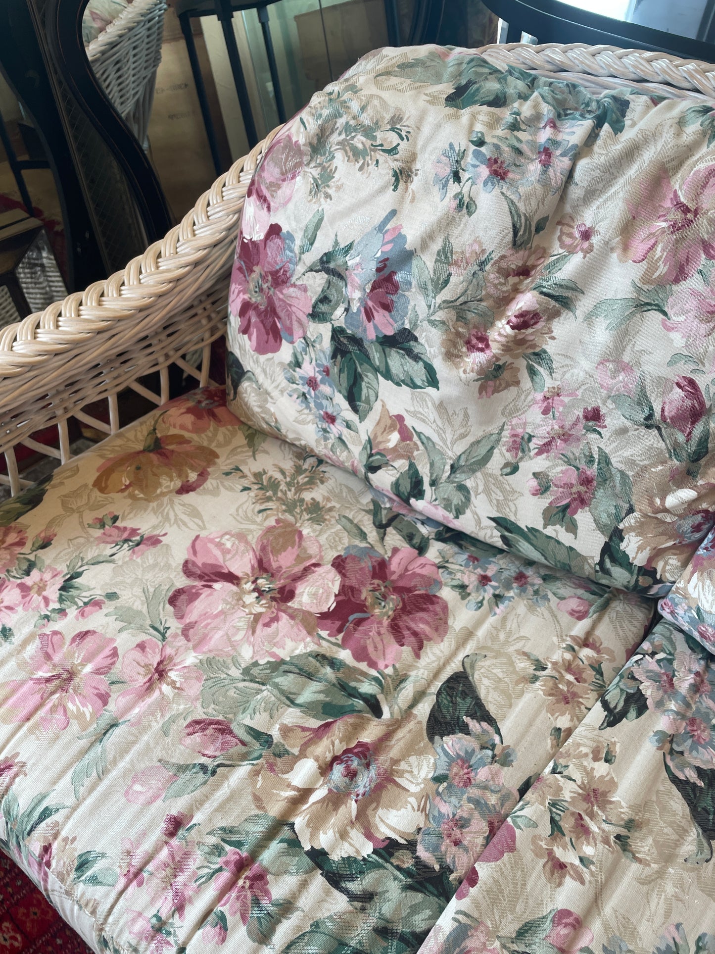 South Sea Rattan Loveseat with Floral Cushions (0FH001)