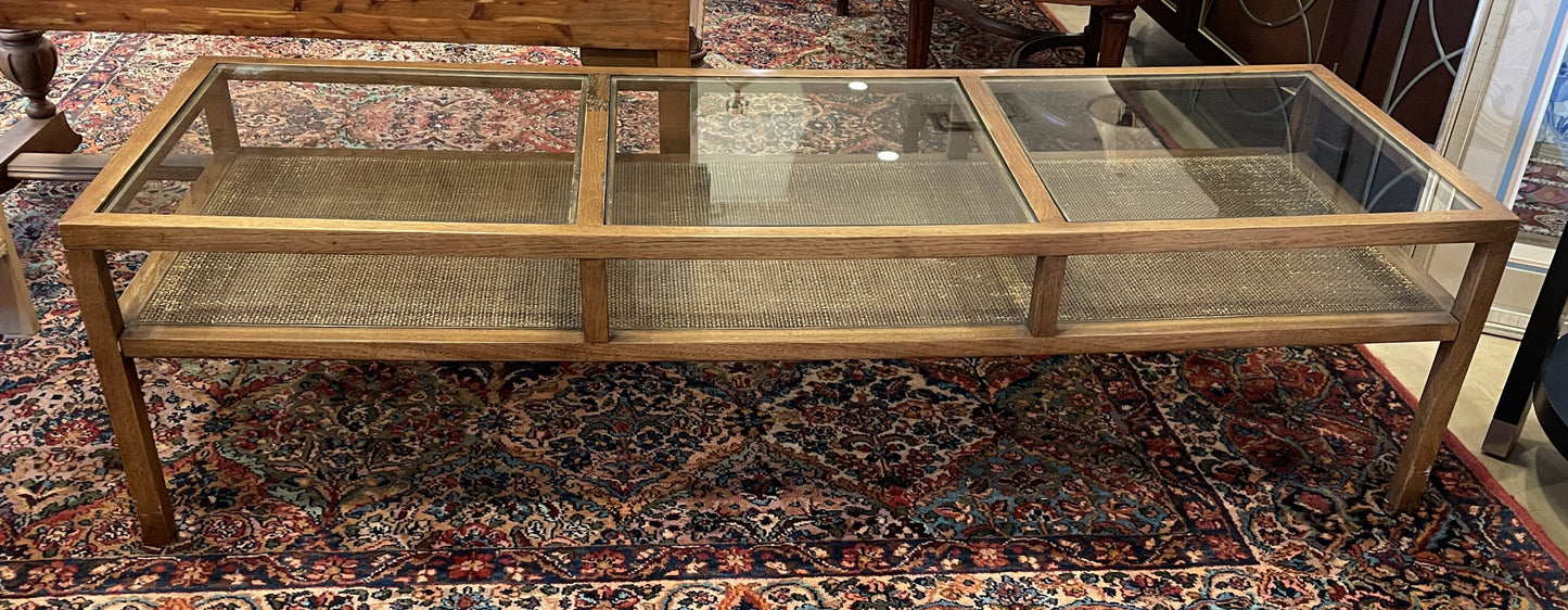 Mid Century Glass and Rattan Base Coffee Table, AS IS (0NJ008)