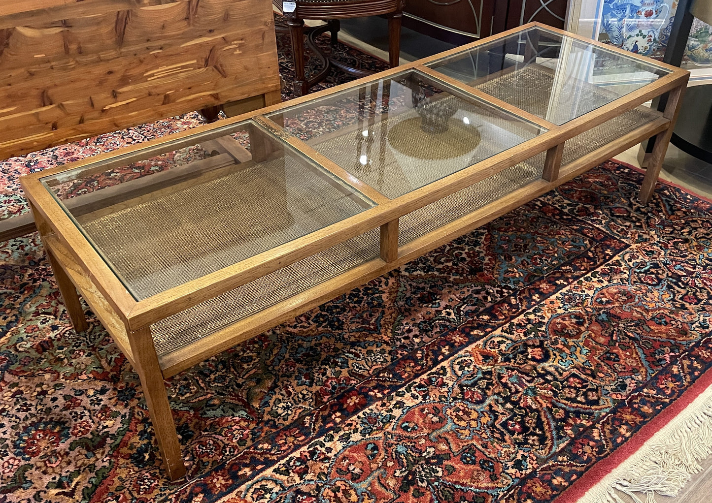 Mid Century Glass and Rattan Base Coffee Table, AS IS (0NJ008)