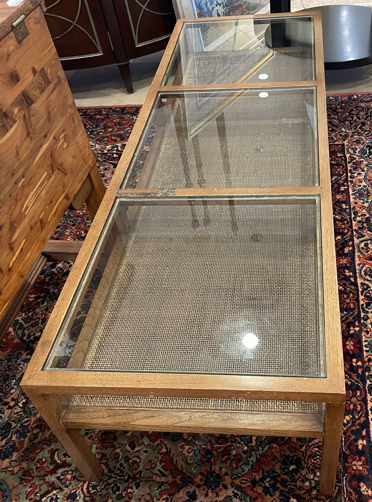 Mid Century Glass and Rattan Base Coffee Table, AS IS (0NJ008)