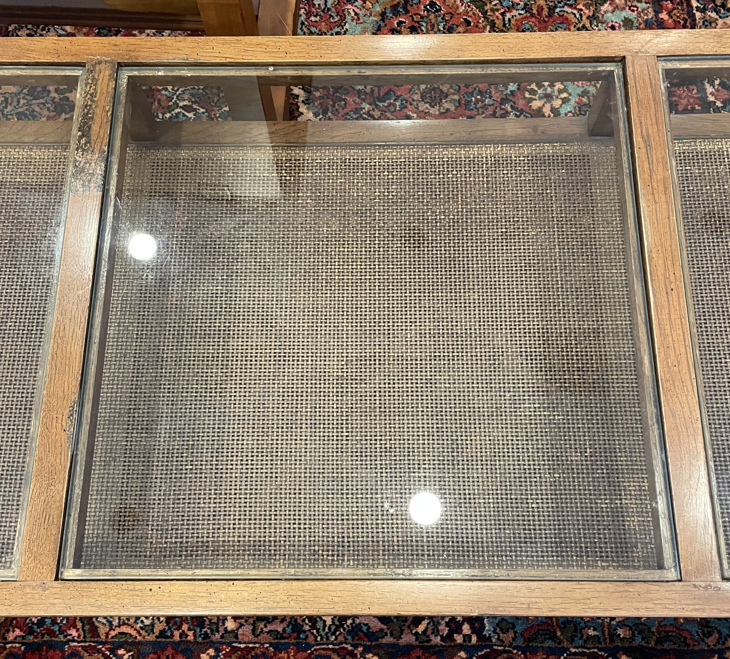 Mid Century Glass and Rattan Base Coffee Table, AS IS (0NJ008)