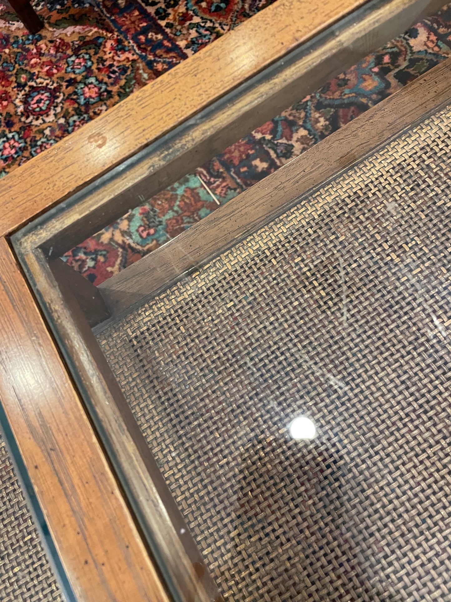 Mid Century Glass and Rattan Base Coffee Table, AS IS (0NJ008)