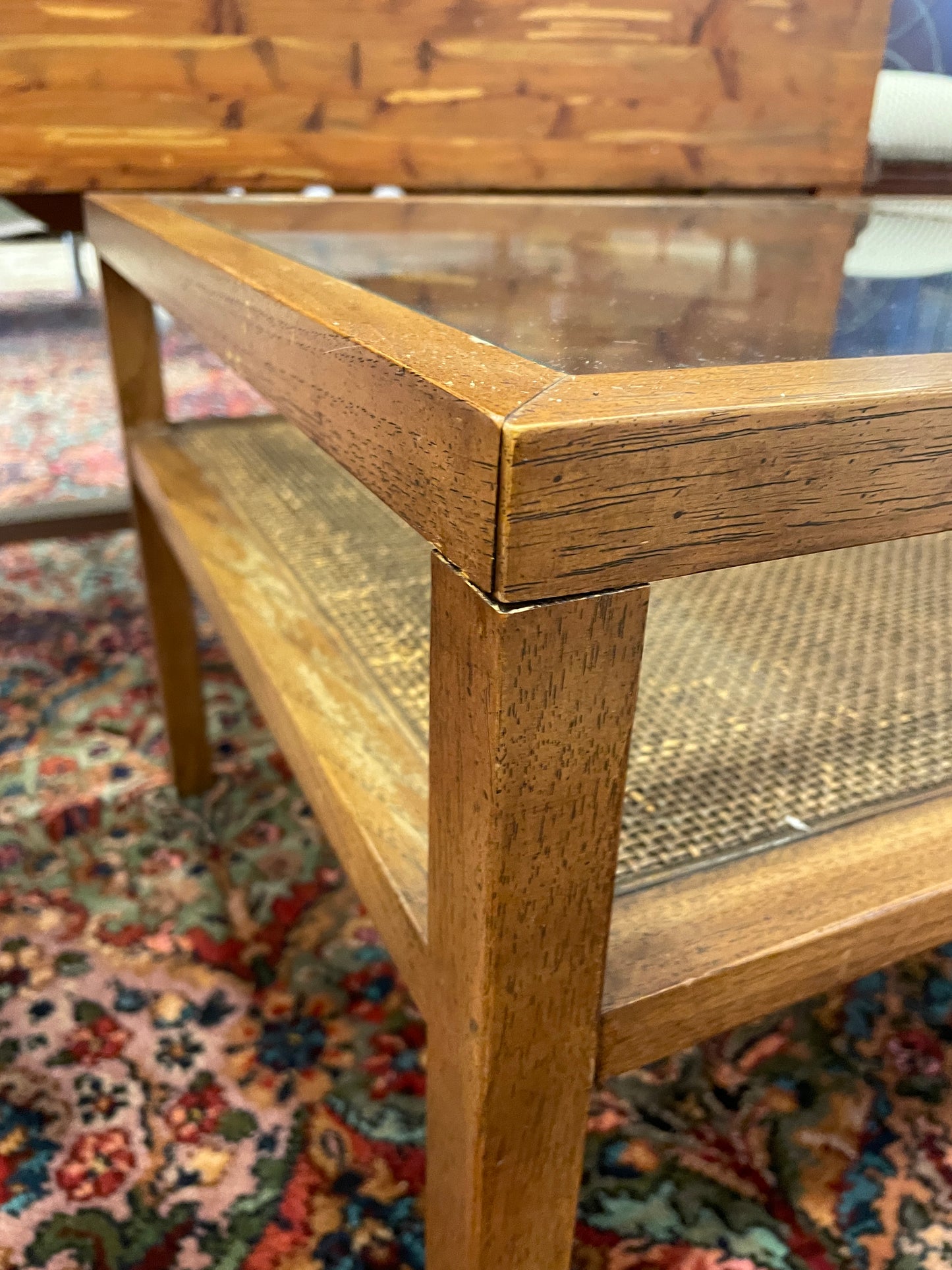 Mid Century Glass and Rattan Base Coffee Table, AS IS (0NJ008)
