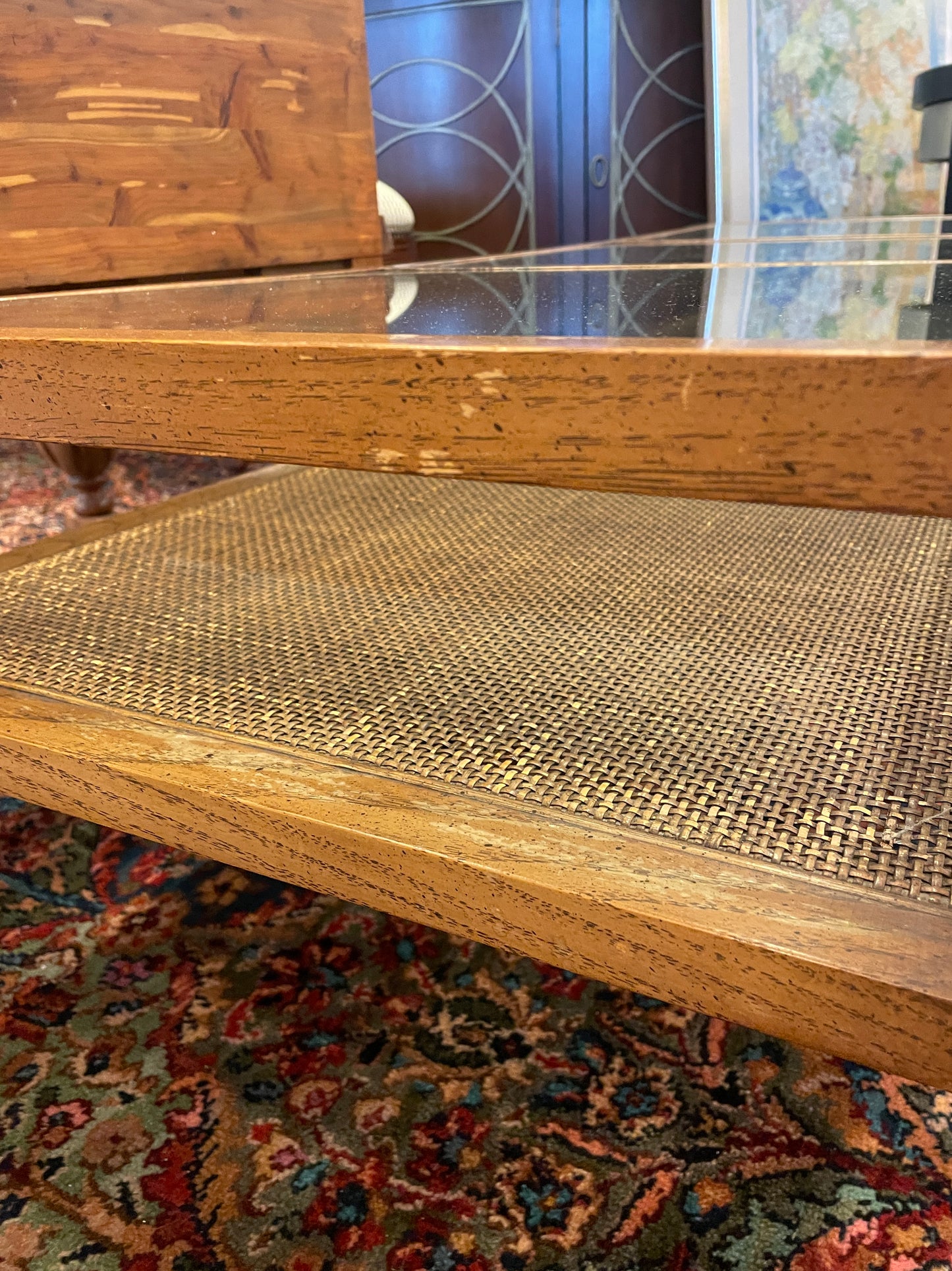 Mid Century Glass and Rattan Base Coffee Table, AS IS (0NJ008)