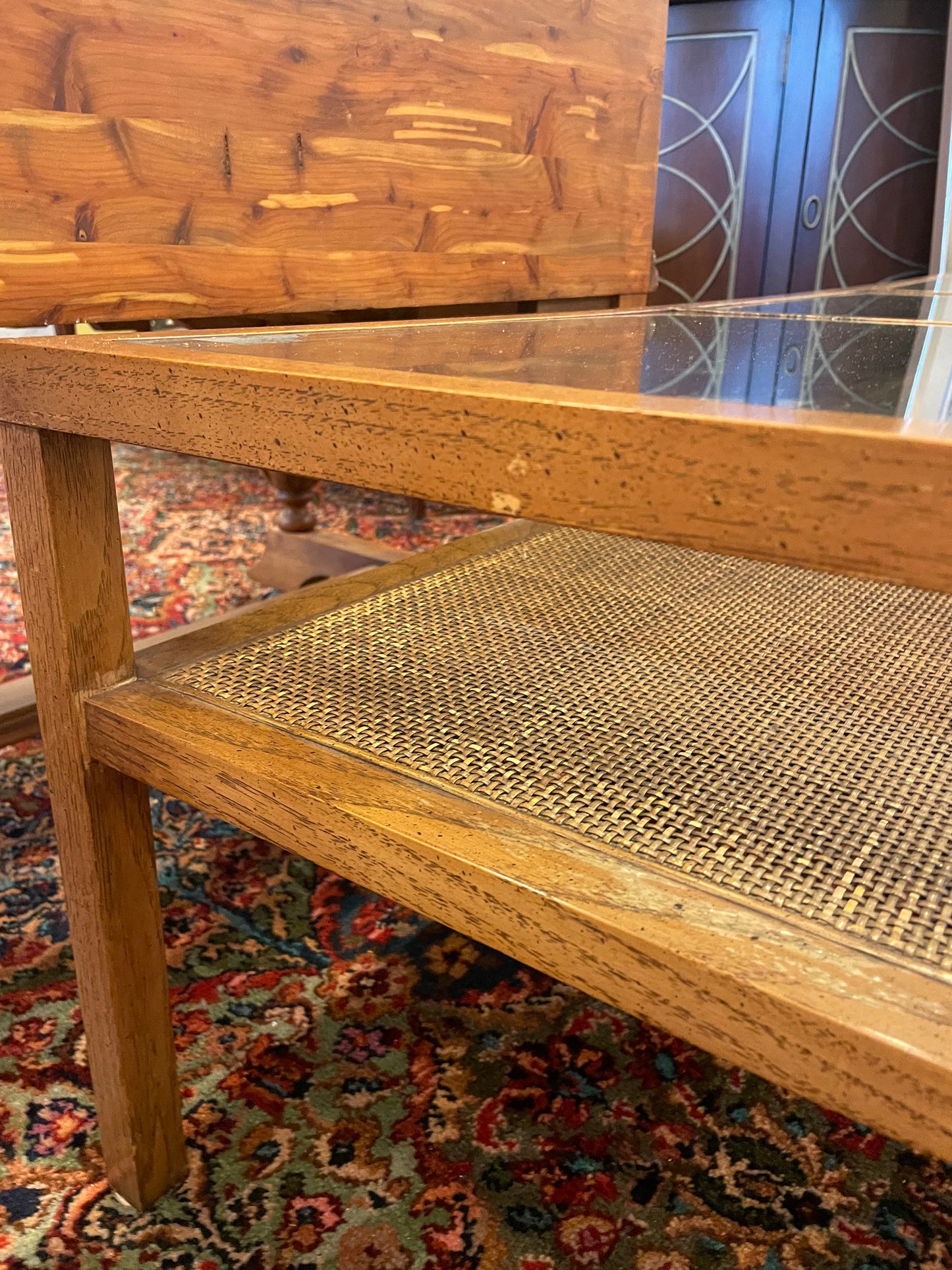 Mid Century Glass and Rattan Base Coffee Table, AS IS (0NJ008)