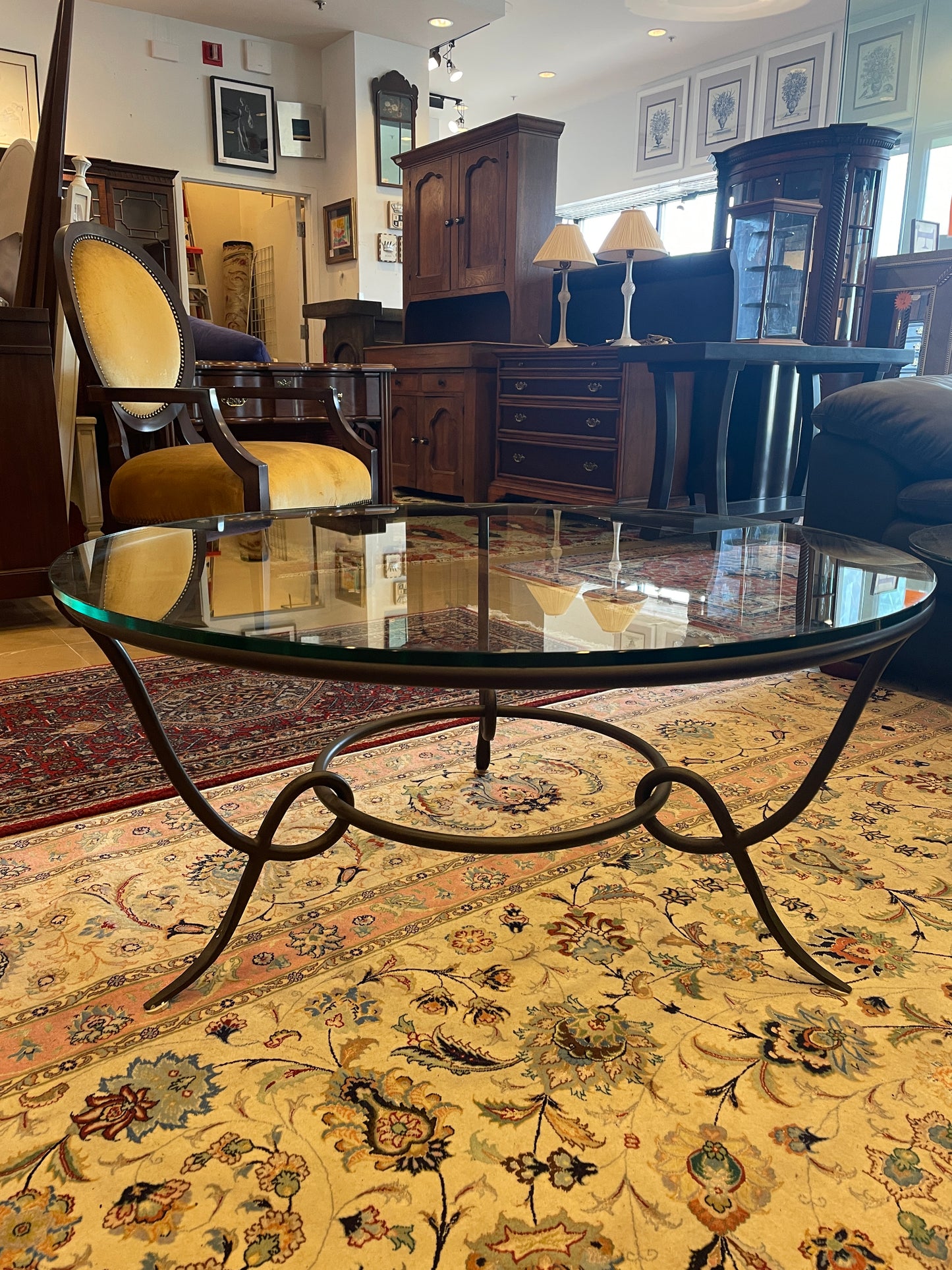 Vintage Arhaus Round Iron and glass coffee table (0FI001)