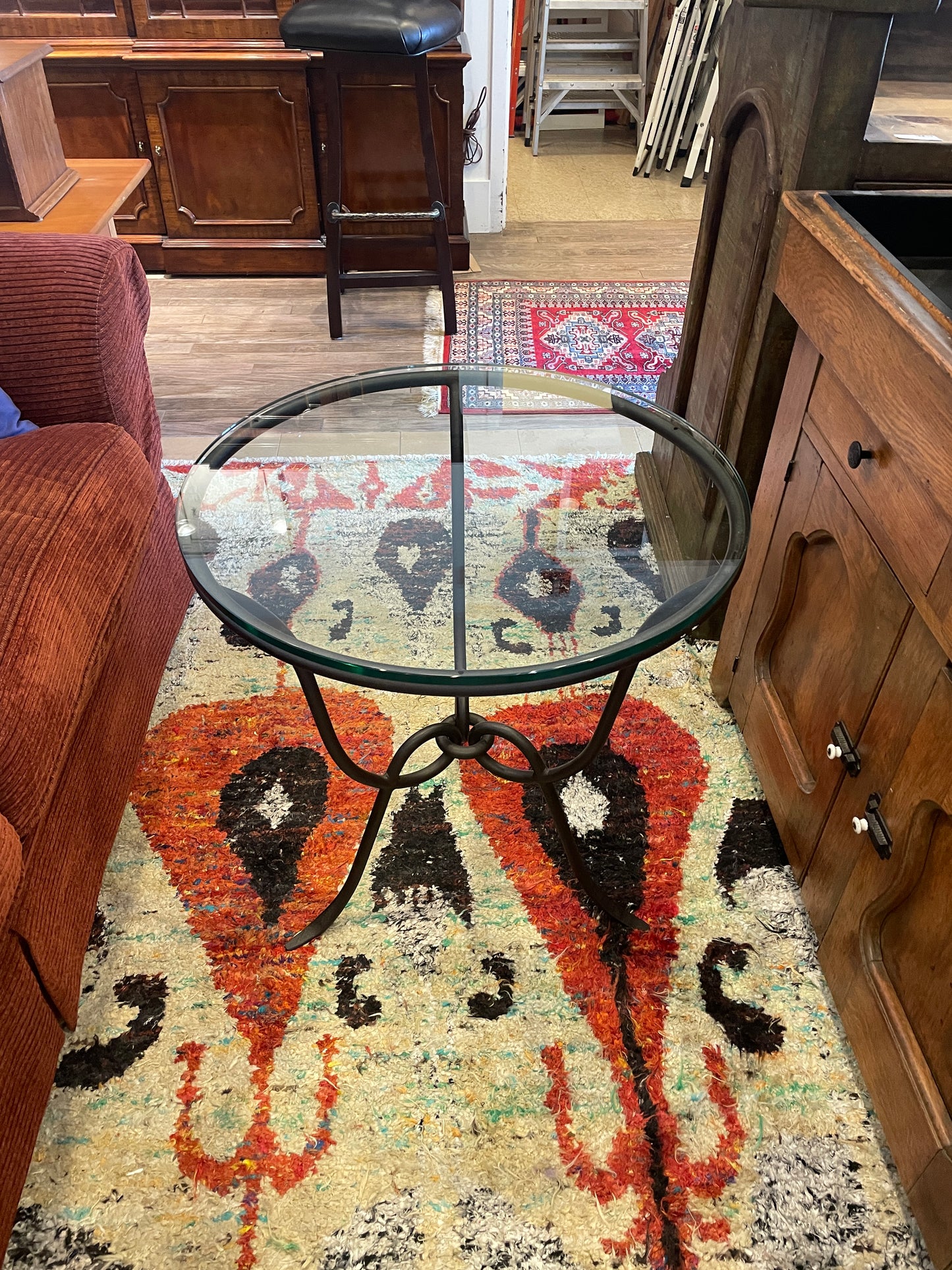 Vintage Arhaus Glass and Iron end table, round (0FI002)