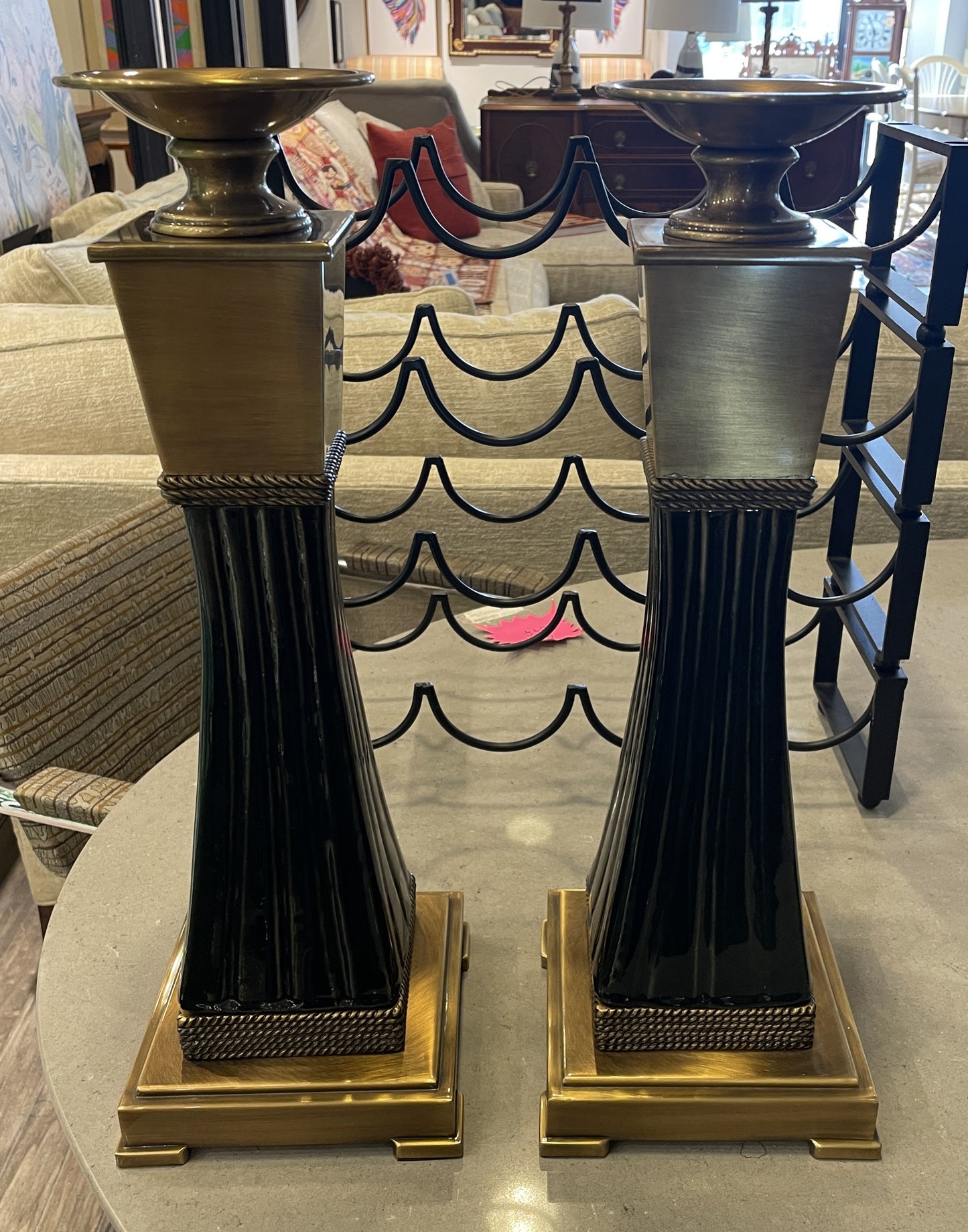 Bronze and Ceramic Mantle Candlesticks, a pair (0NT00L)
