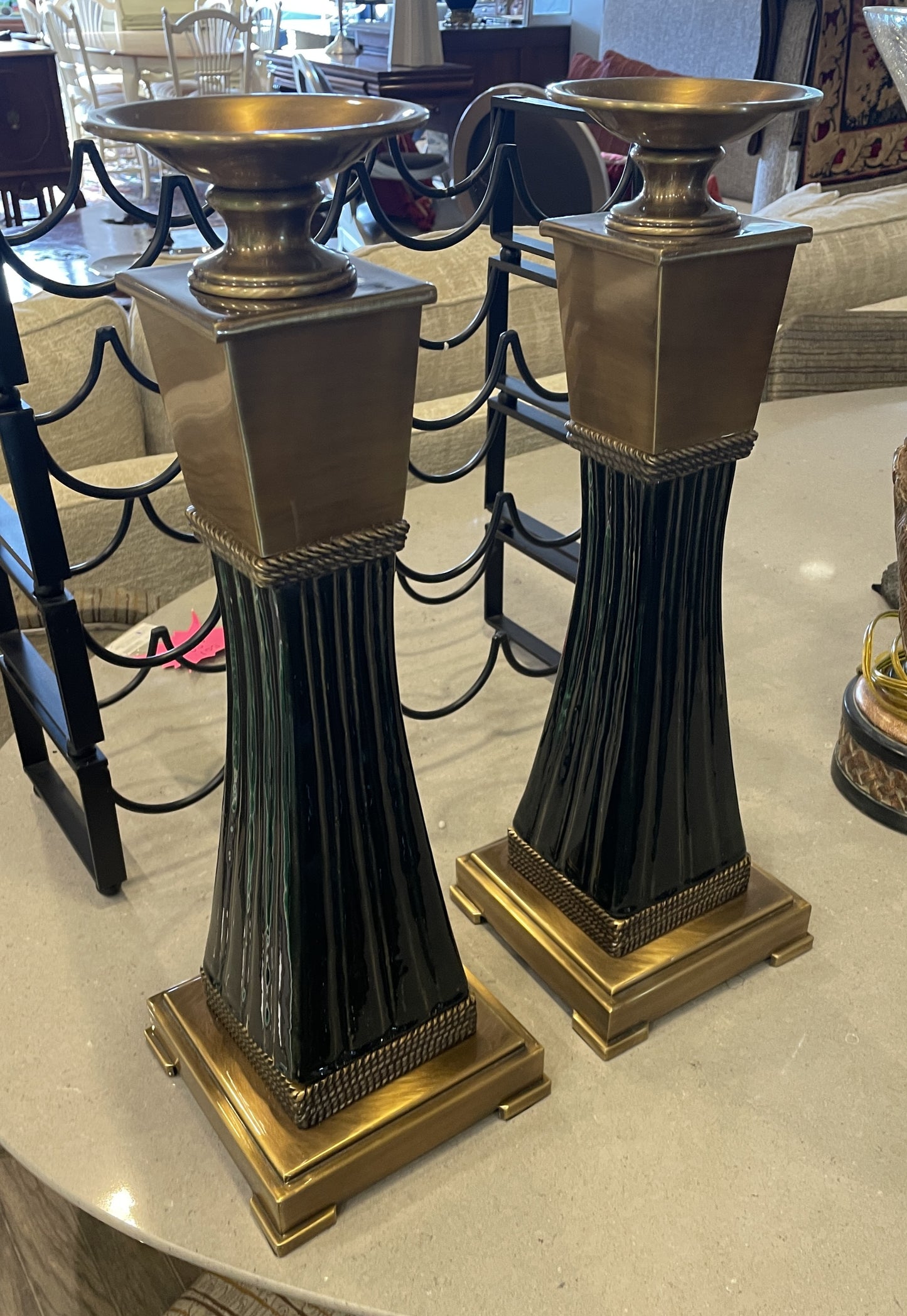 Bronze and Ceramic Mantle Candlesticks, a pair (0NT00L)