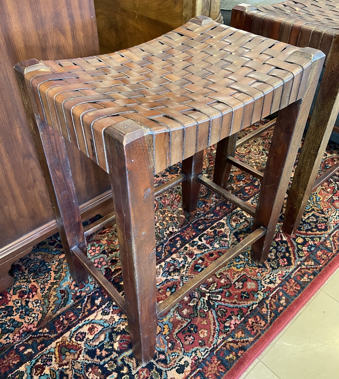 Woven Leather Saddle Barstool, Counter Height (Two available 0NT008 and 0NT009)
