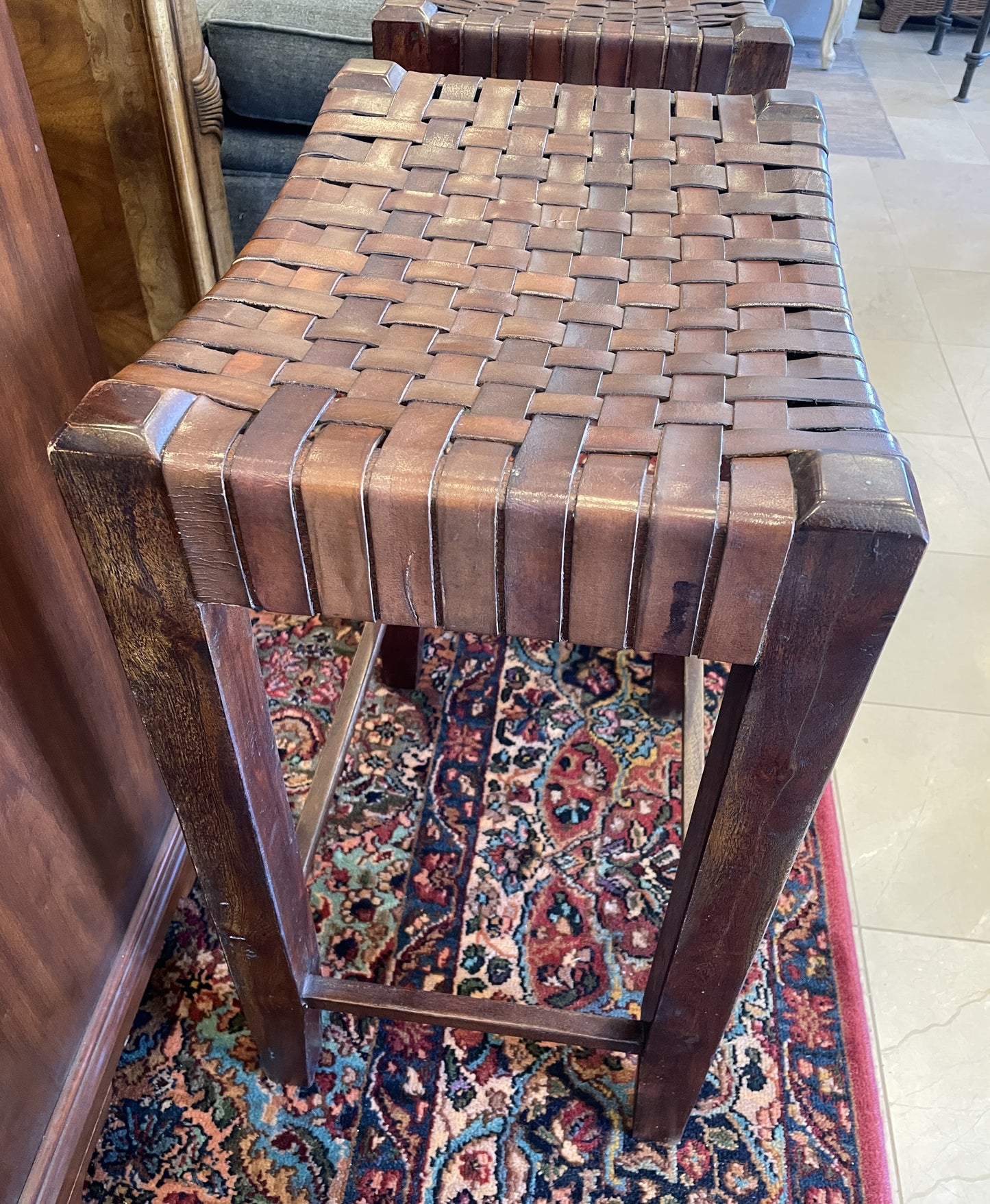 Woven Leather Saddle Barstool, Counter Height (Two available 0NT008 and 0NT009)