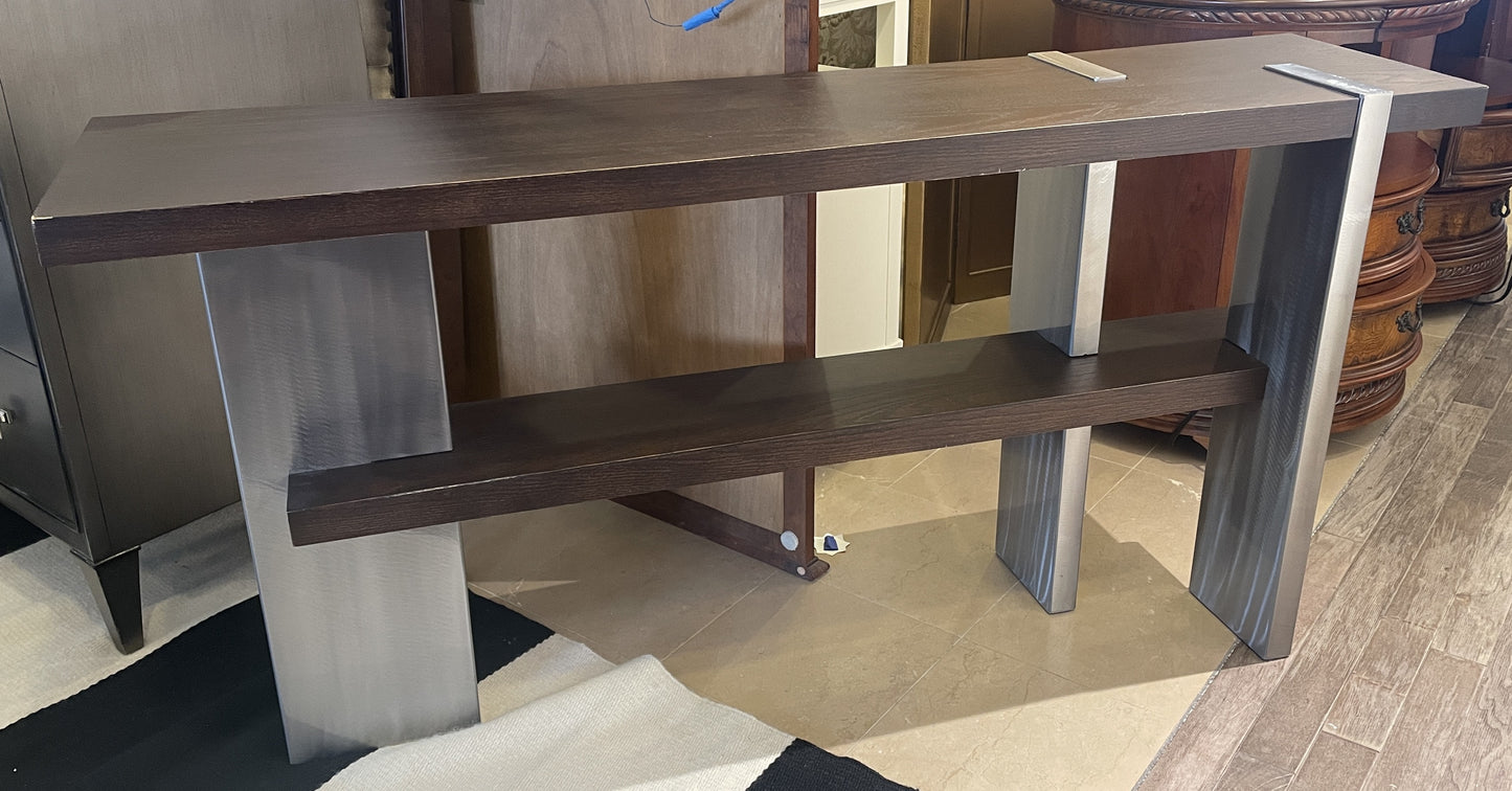 Modern Espresso Finish Console with Brushed Steel Base, AS IS (02J00G)