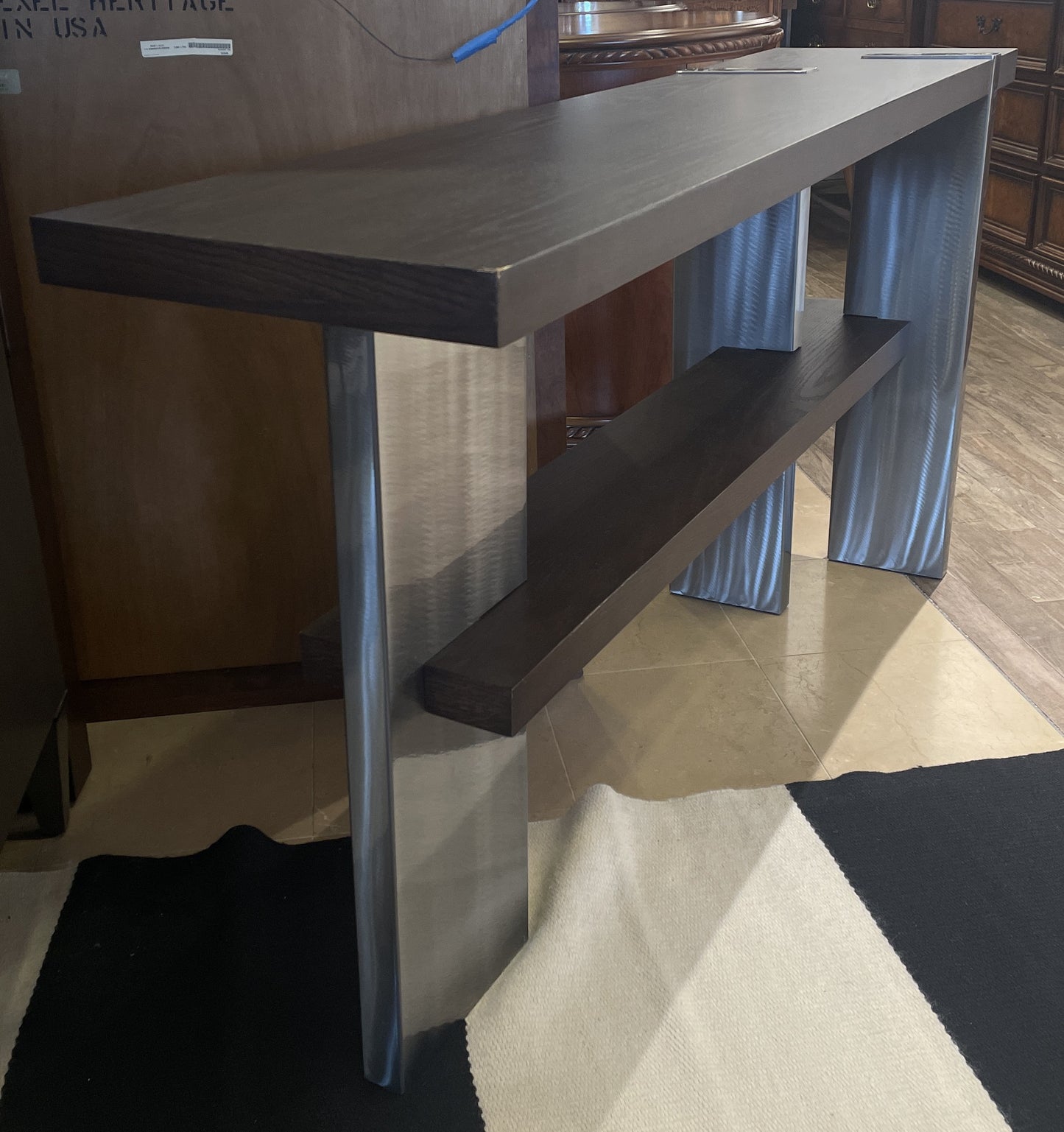 Modern Espresso Finish Console with Brushed Steel Base, AS IS (02J00G)