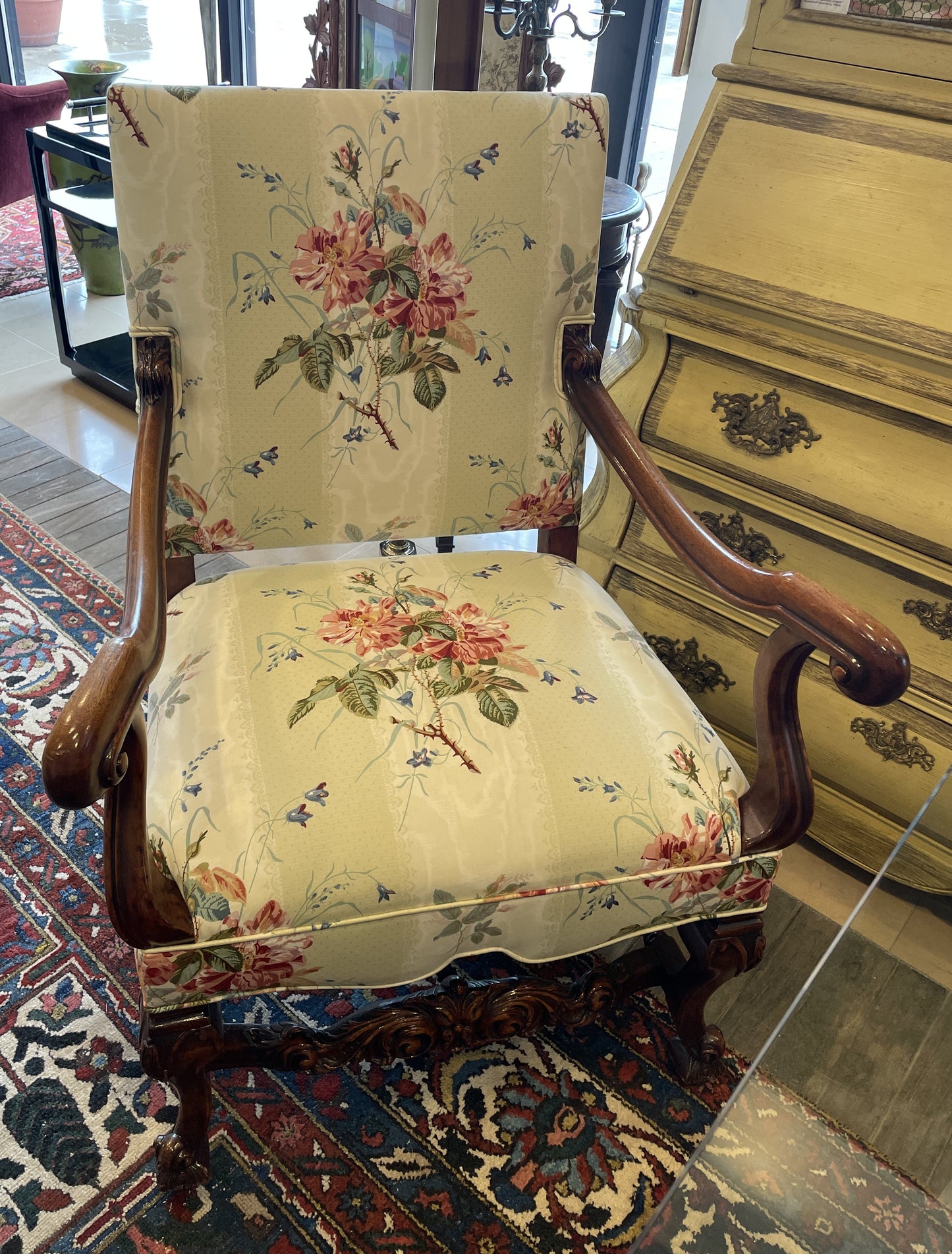 Antique French Walnut Arm Chair with floral upholstery (0NW008)