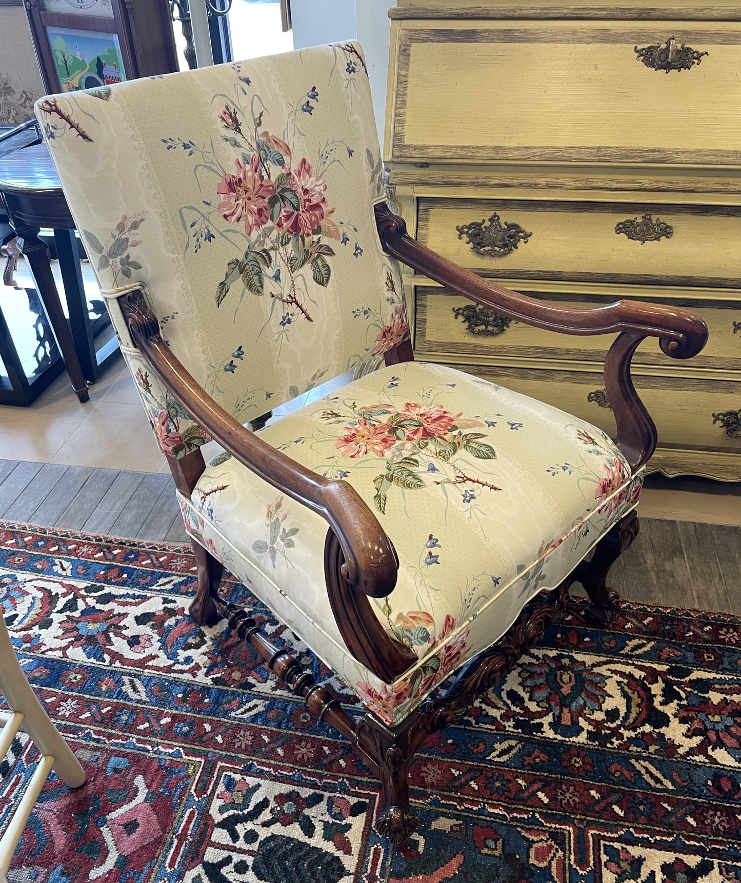 Antique French Walnut Arm Chair with floral upholstery (0NW008)