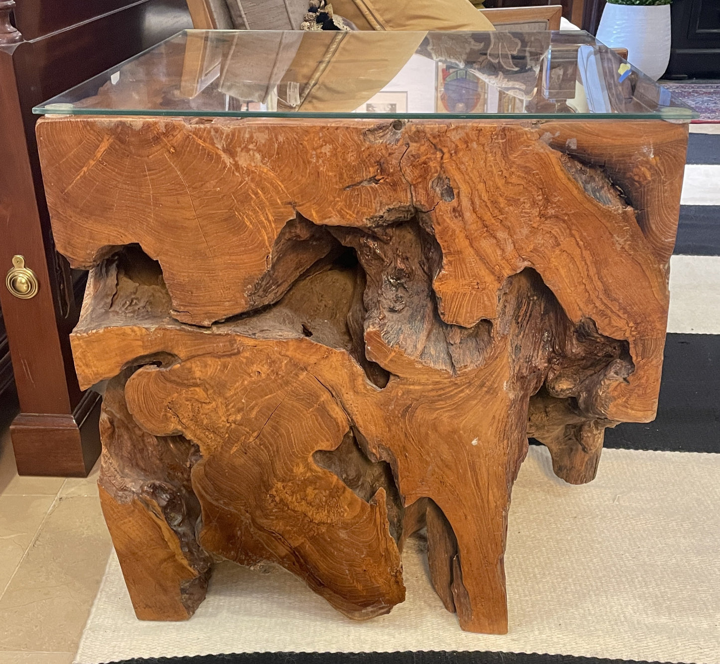 Vintage Teak Root End Table with Glass Top (0KB003)