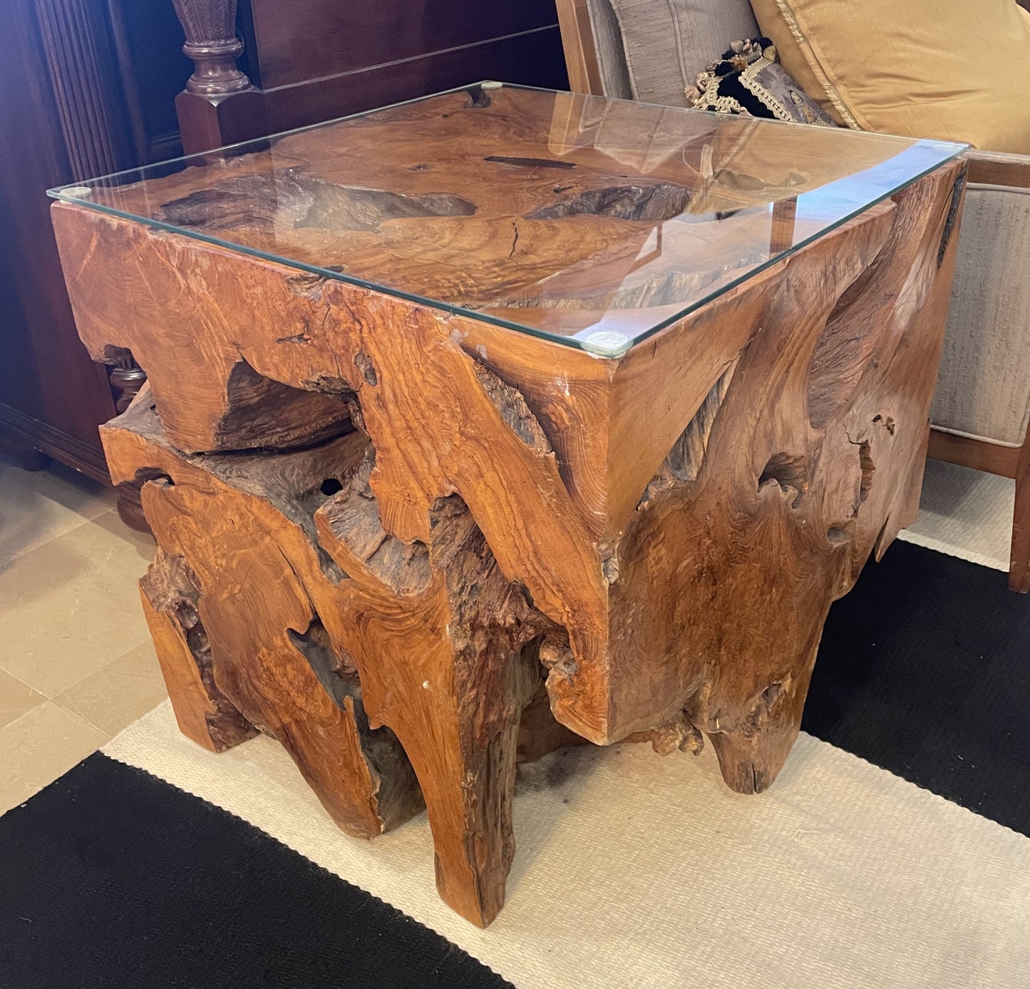 Vintage Teak Root End Table with Glass Top (0KB003)