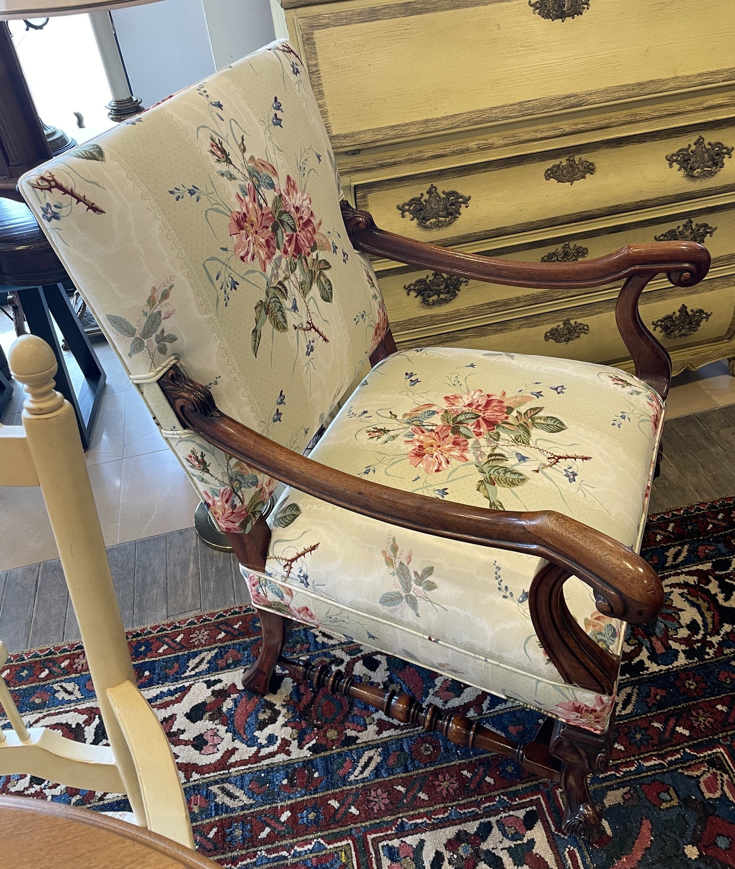 Antique French Walnut Arm Chair with floral upholstery (0NW008)