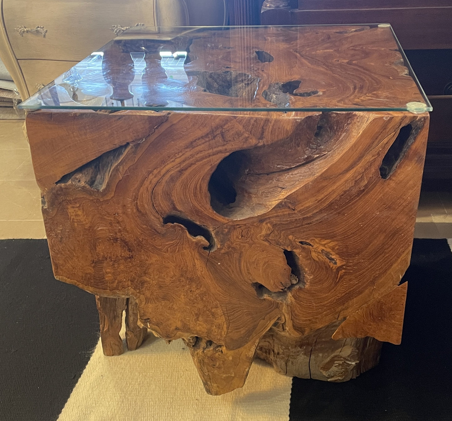 Vintage Teak Root End Table with Glass Top (0KB003)