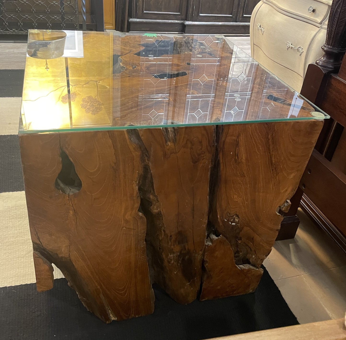 Vintage Teak Root End Table with Glass Top (0KB003)