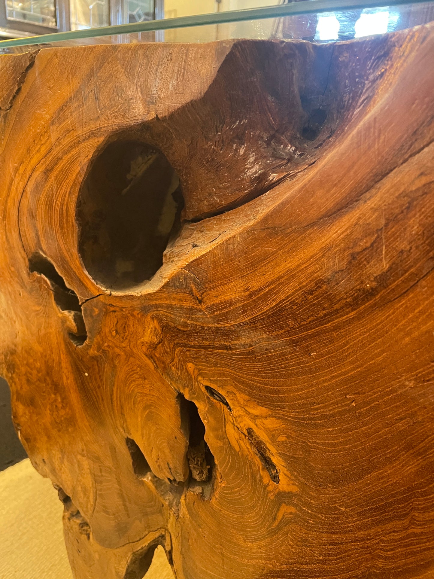 Vintage Teak Root End Table with Glass Top (0KB003)