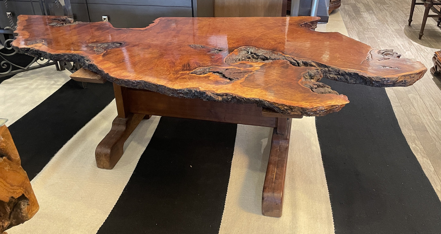 Vintage Live Edge Redwood Slab Coffee Table on Base (0KB002)