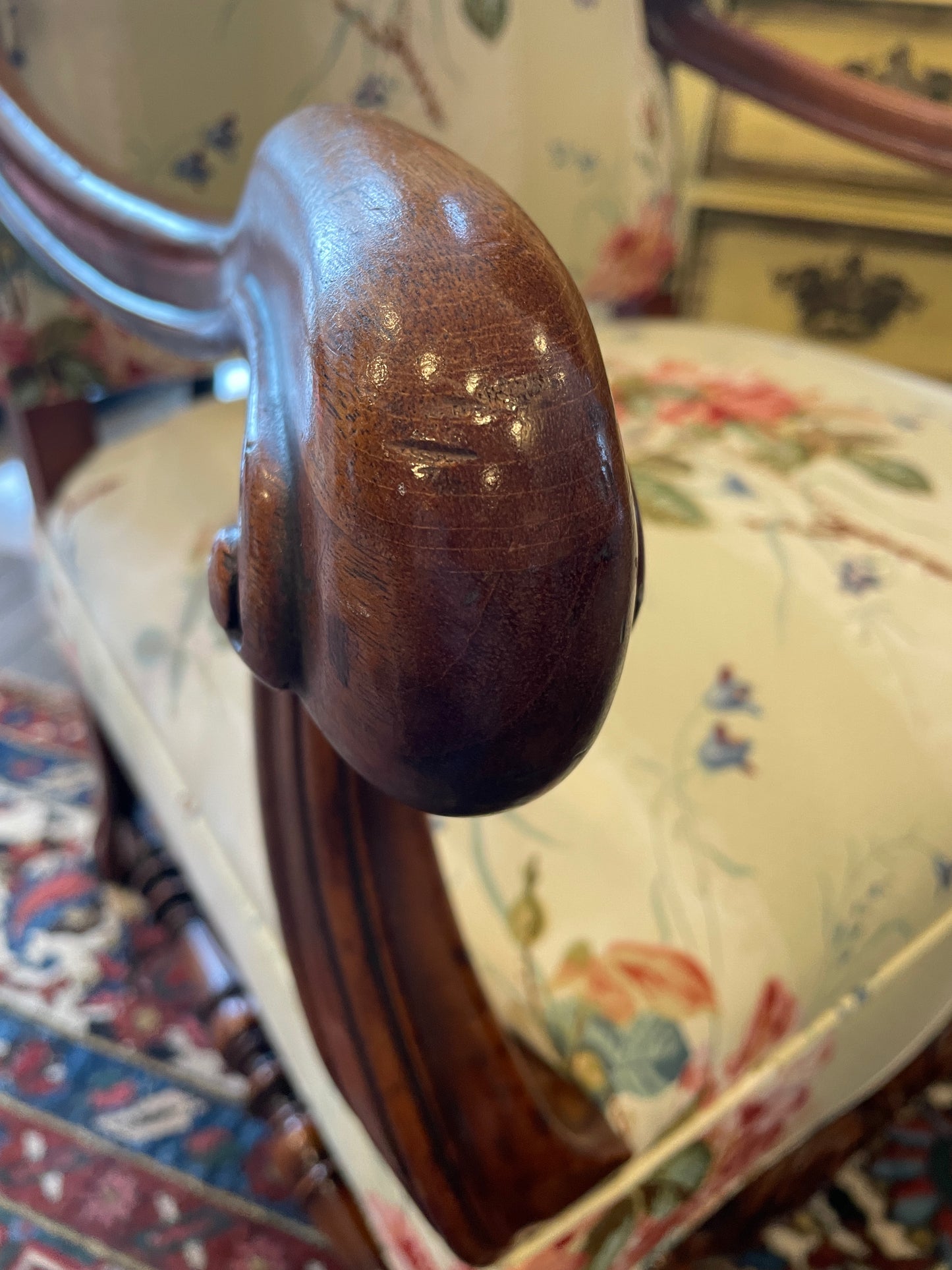 Antique French Walnut Arm Chair with floral upholstery (0NW008)