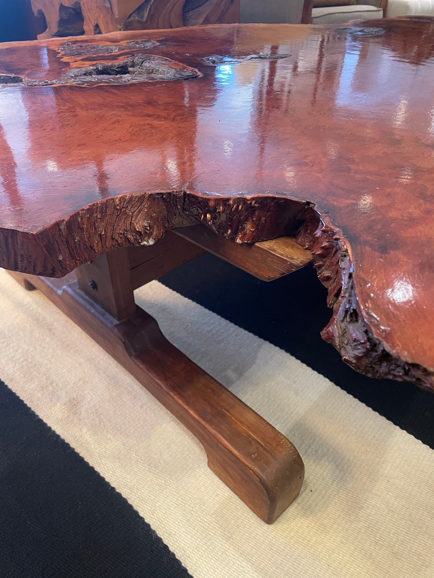 Vintage Live Edge Redwood Slab Coffee Table on Base (0KB002)