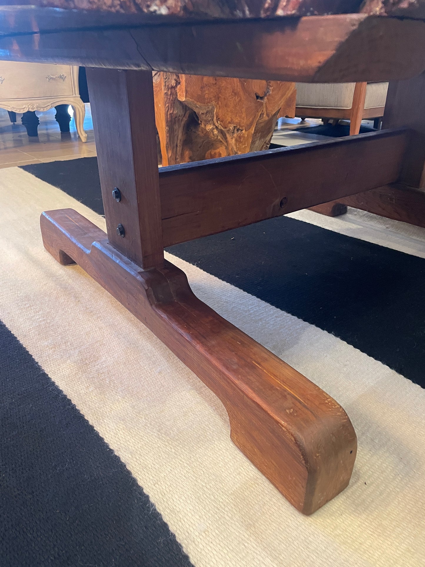 Vintage Live Edge Redwood Slab Coffee Table on Base (0KB002)