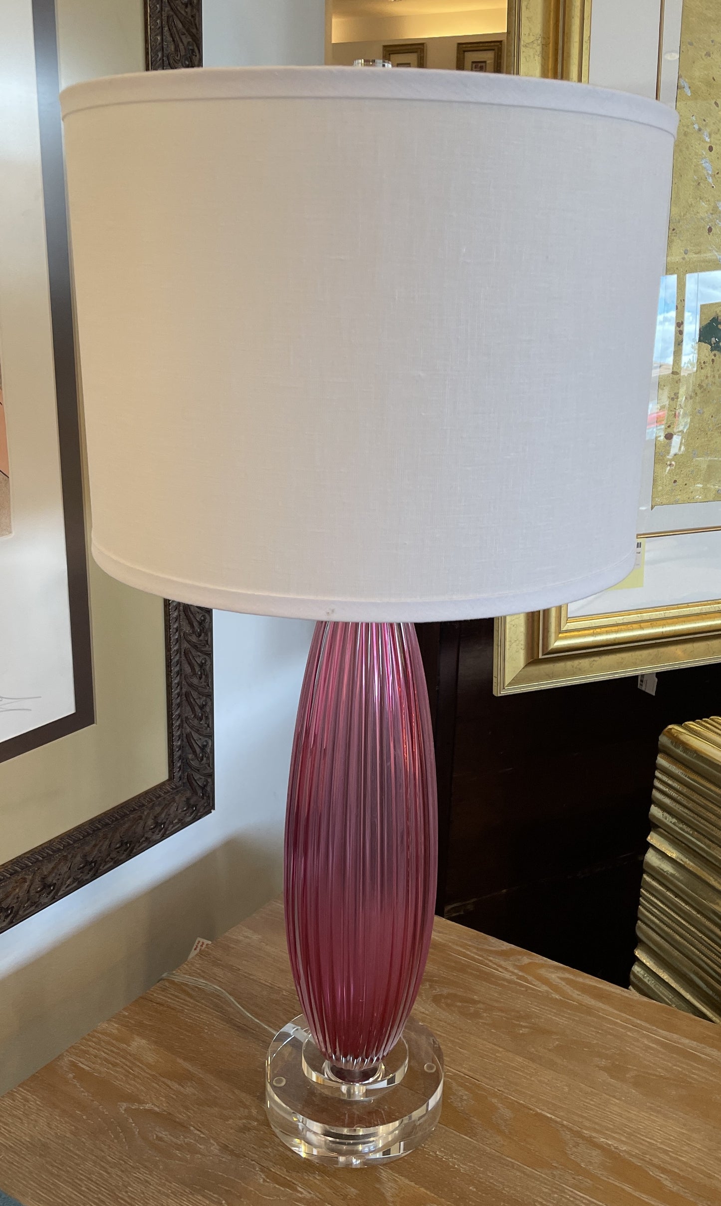 Pink Ribbed Glass Table Lamps with Acrylic Base, a Pair (0G0009)