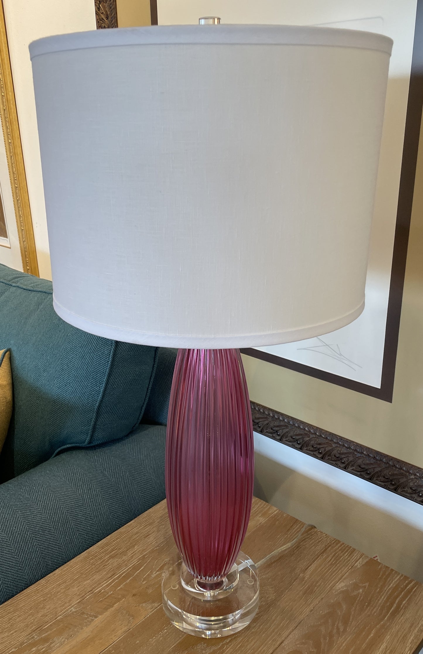 Pink Ribbed Glass Table Lamps with Acrylic Base, a Pair (0G0009)