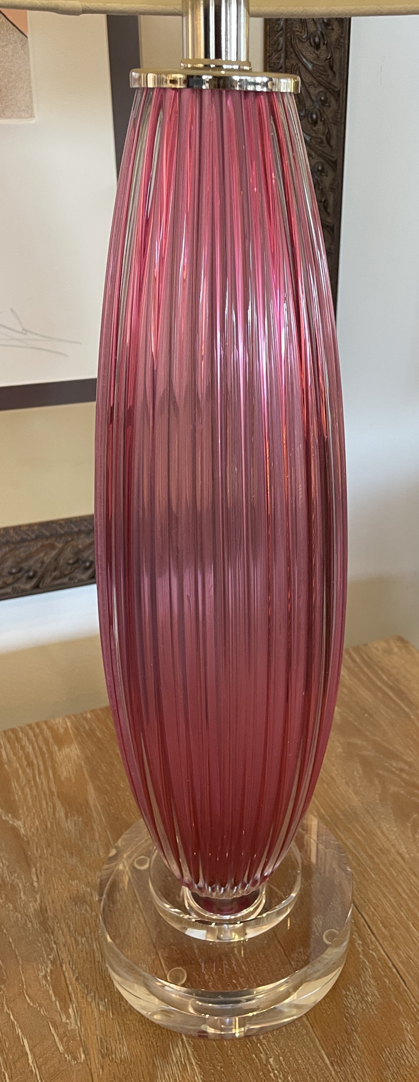 Pink Ribbed Glass Table Lamps with Acrylic Base, a Pair (0G0009)
