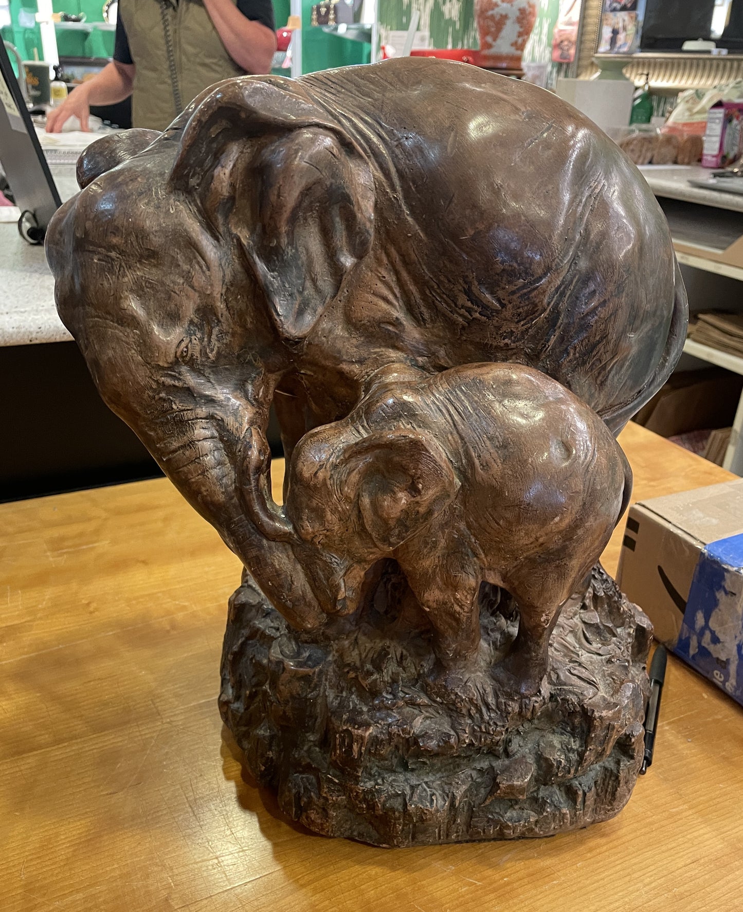 Poured Mold Mama Elephant with Baby Sculpture, AS IS (0NW00H)