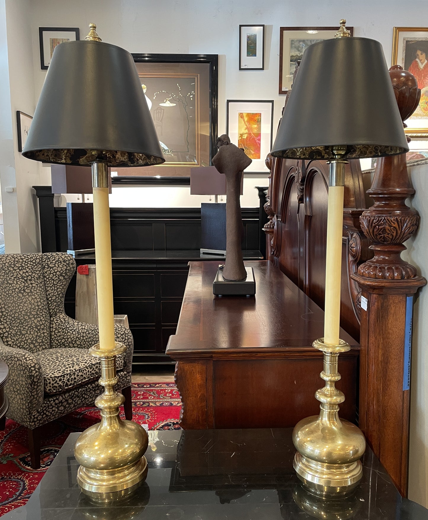 Pair Vintage Frederick Cooper Bulbous Brass Base Buffet Lamps (0NG00E)