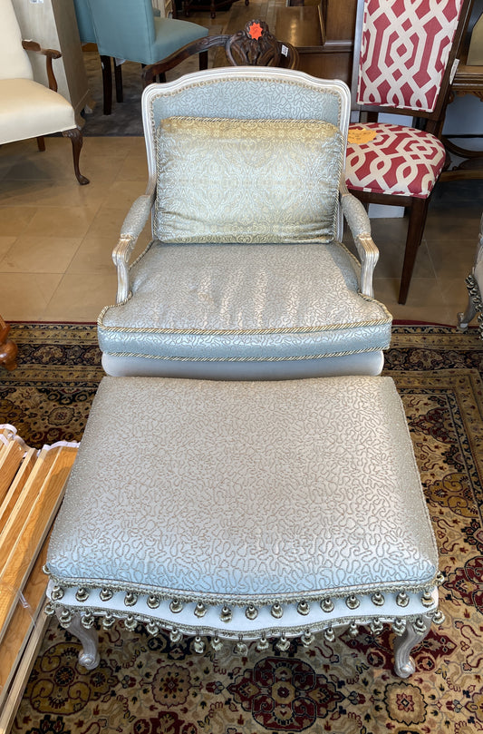Louis Style Silvered Bergère Chair with Ottoman AS IS (0AS005)