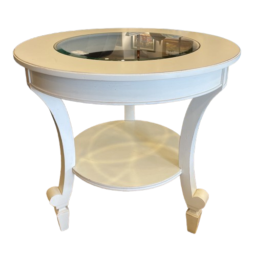 Distressed Round End Table with Glass Insert (0CF010)