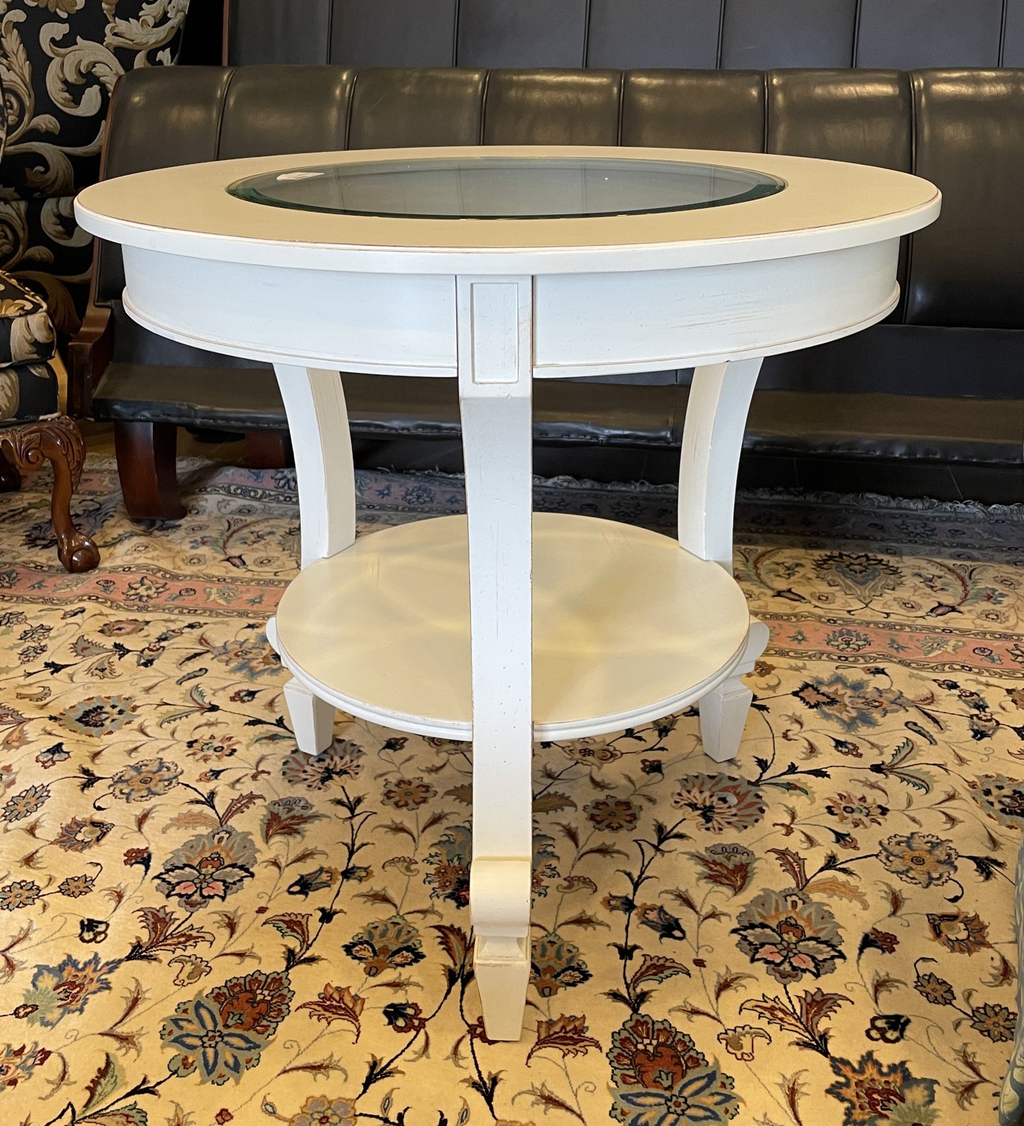Distressed Round End Table with Glass Insert (0CF010)