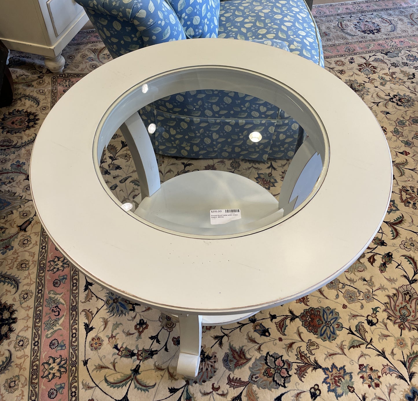 Distressed Round End Table with Glass Insert (0CF010)