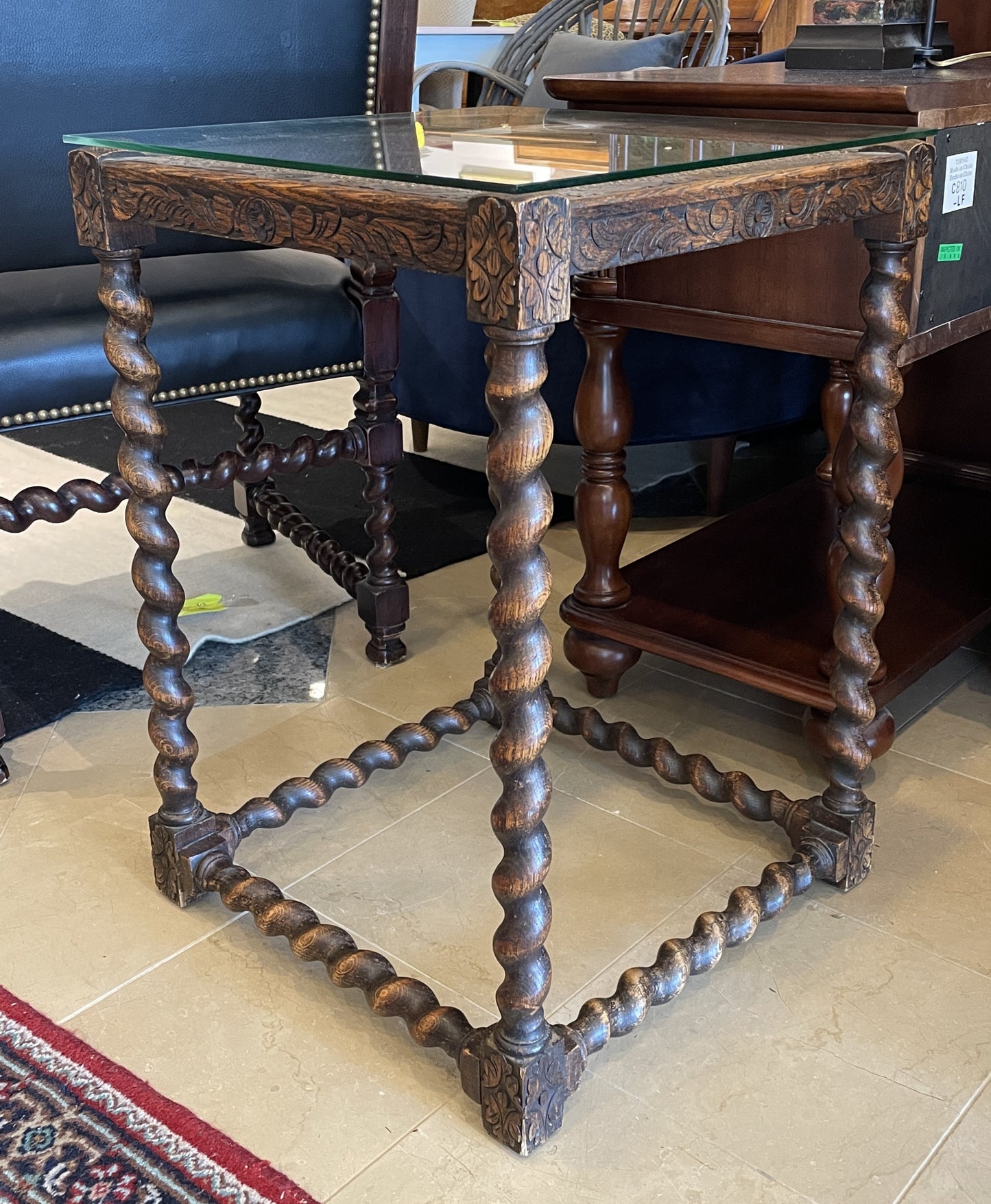 Antique Barley Twist Walnut Table with glass top, AS IS (0G0016)