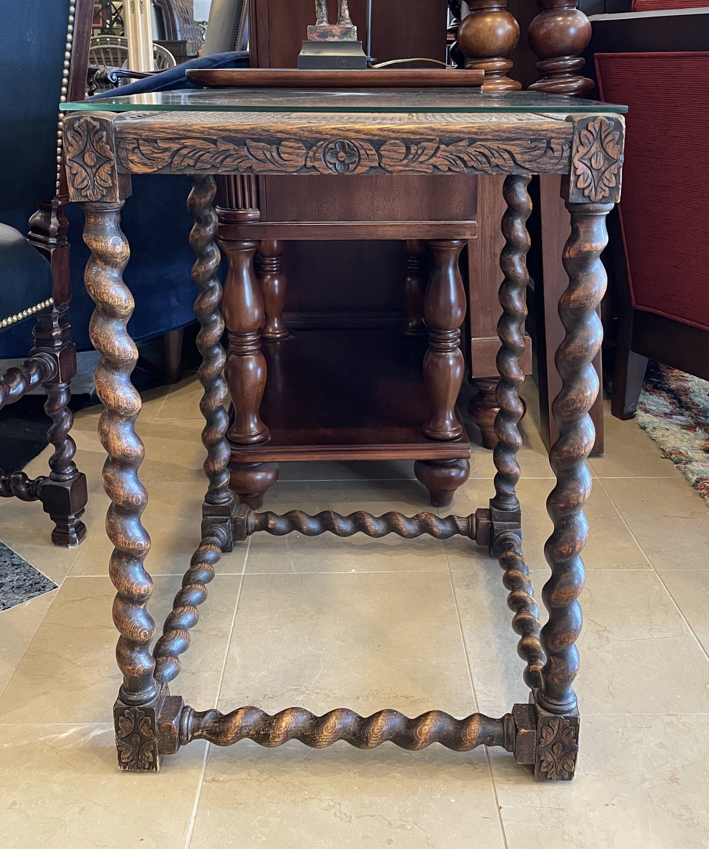 Antique Barley Twist Walnut Table with glass top, AS IS (0G0016)