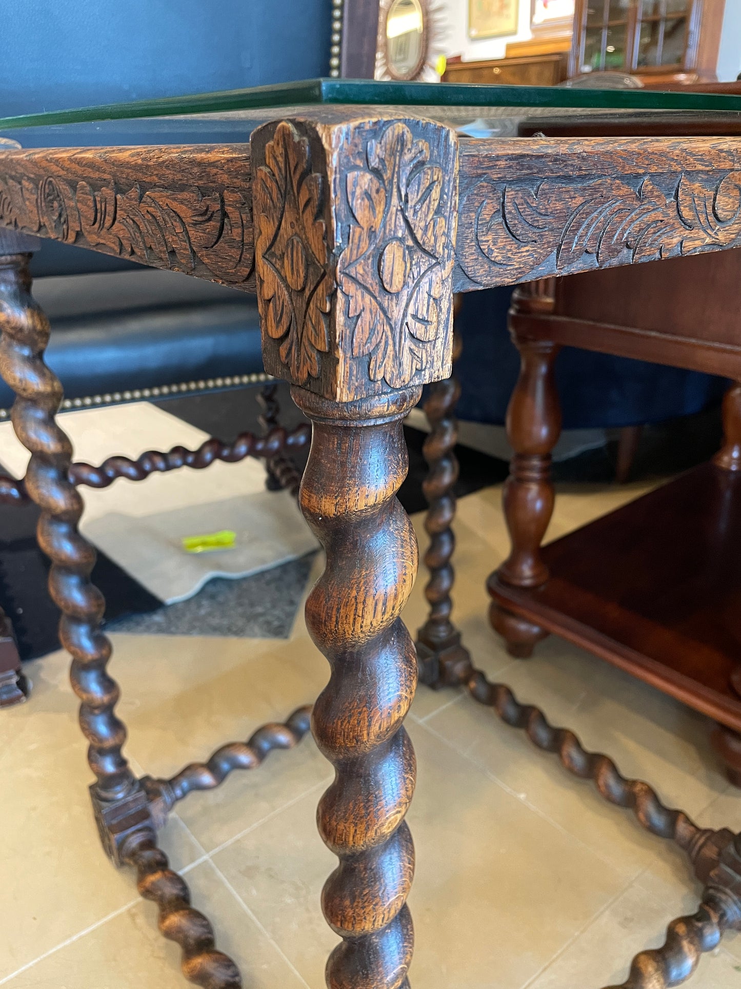 Antique Barley Twist Walnut Table with glass top, AS IS (0G0016)