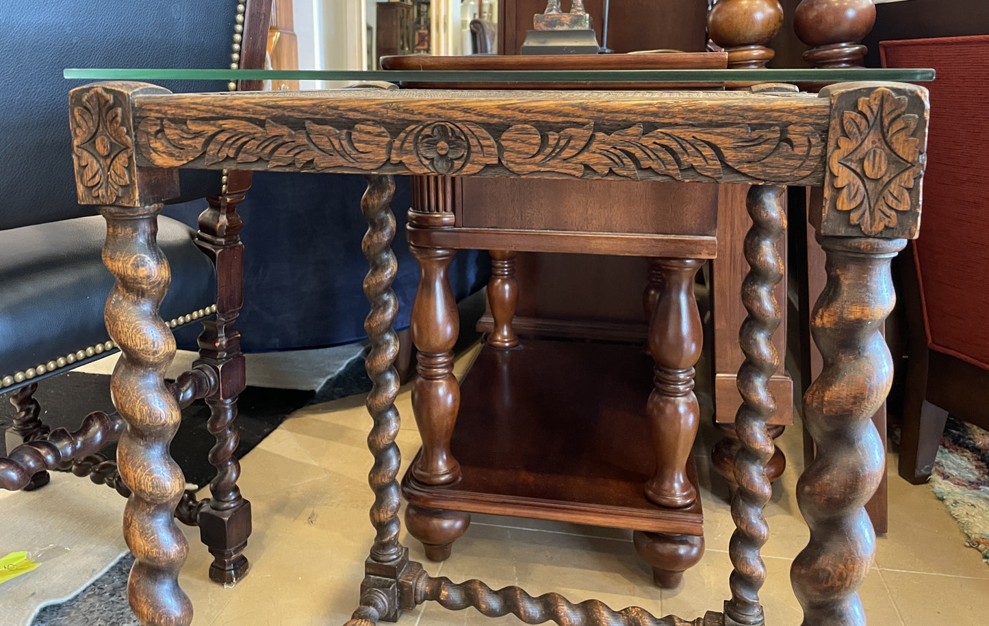 Antique Barley Twist Walnut Table with glass top, AS IS (0G0016)