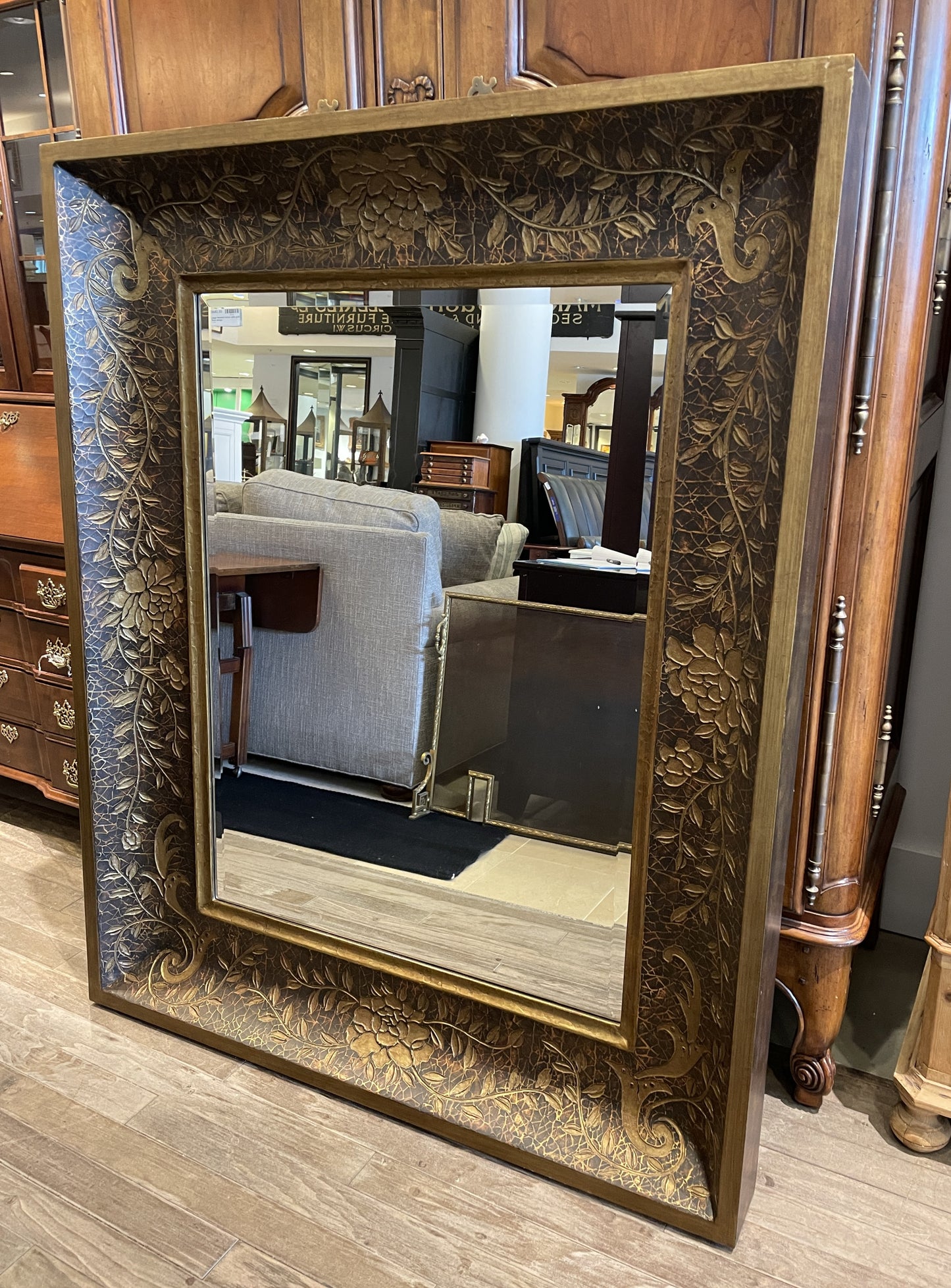Large Beveled Mirror with Gilt Floral Design (0AS00B)