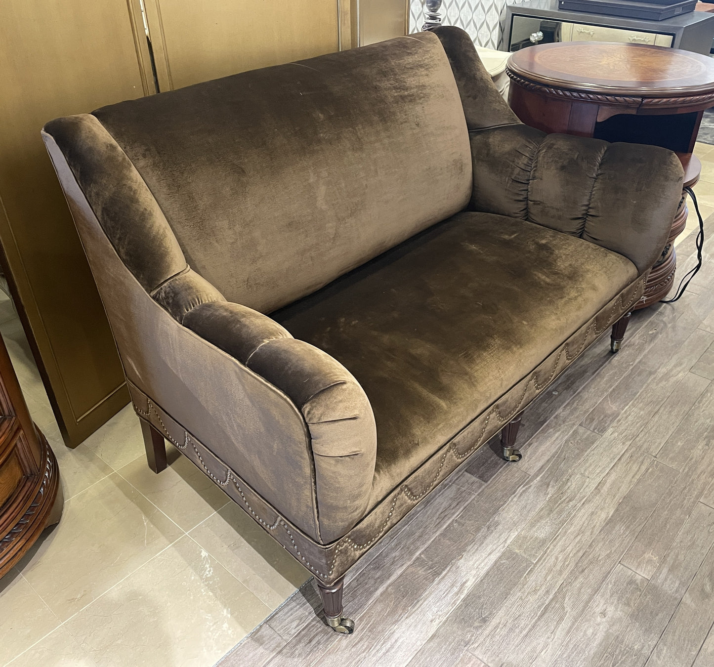 Brown Velour Loveseat with Nailhead Detailing, AS IS (0KO004)