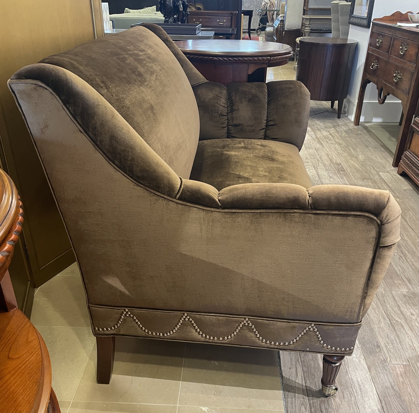 Brown Velour Loveseat with Nailhead Detailing, AS IS (0KO004)