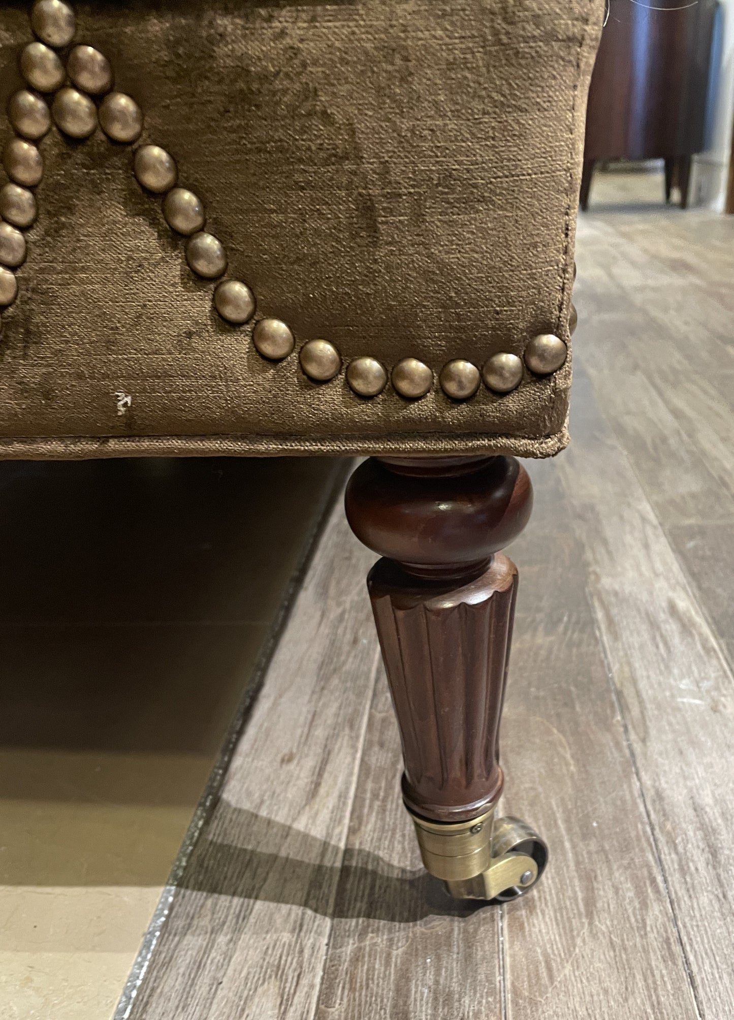 Brown Velour Loveseat with Nailhead Detailing, AS IS (0KO004)