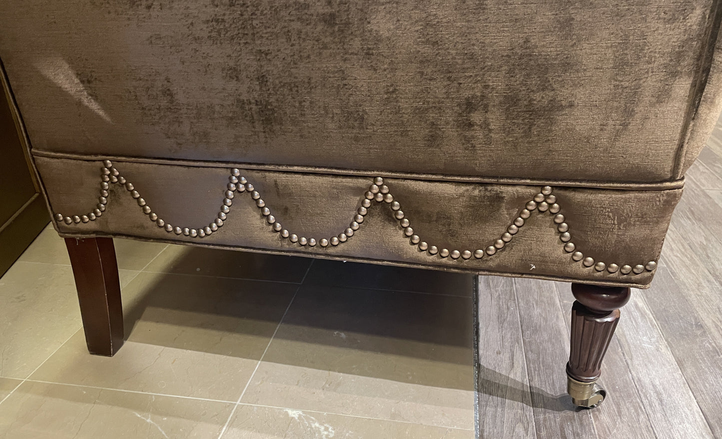 Brown Velour Loveseat with Nailhead Detailing, AS IS (0KO004)