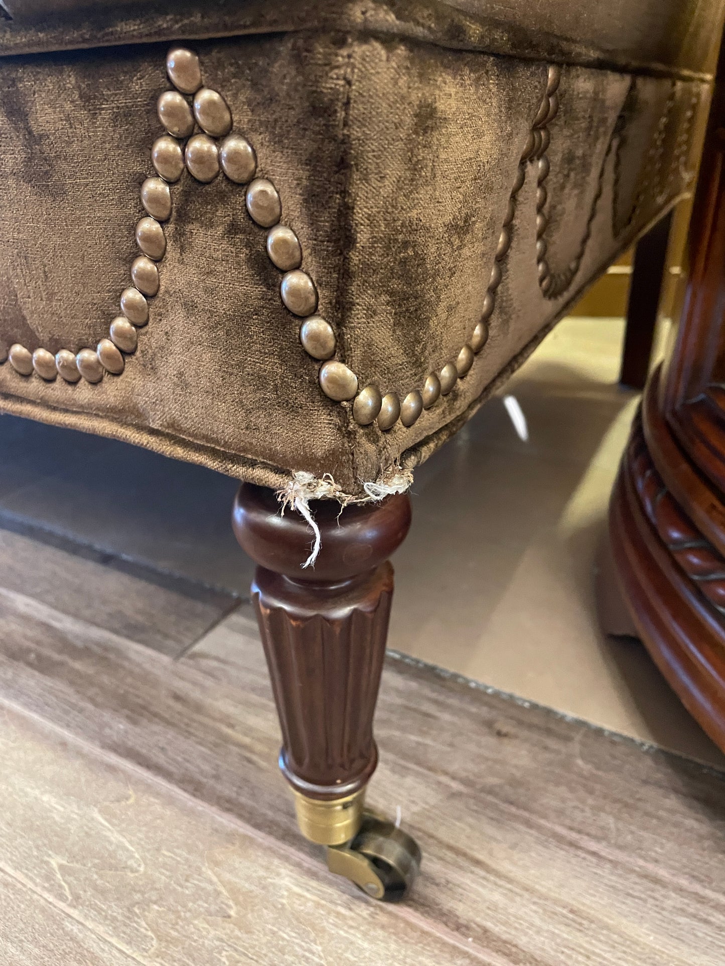 Brown Velour Loveseat with Nailhead Detailing, AS IS (0KO004)