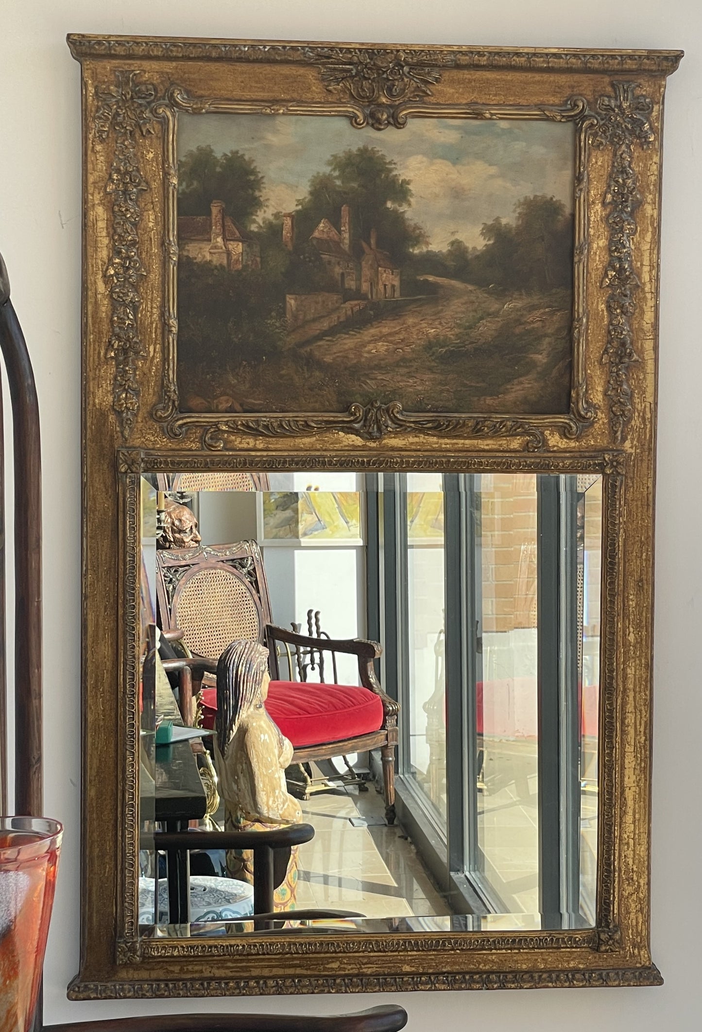 Reproduction Trumeau Mirror with gilt frame and oil painting insert (0G0011)