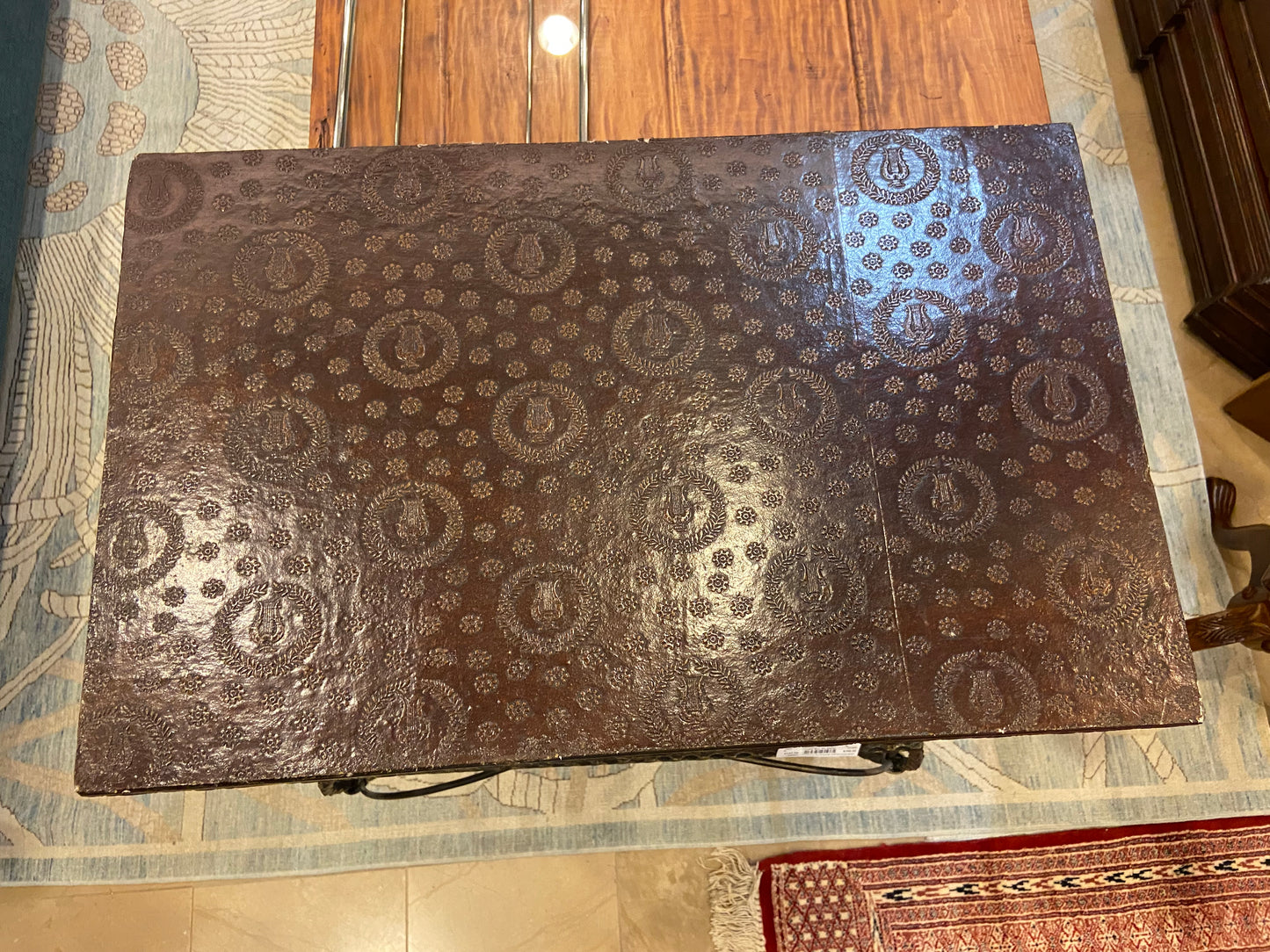 Embossed Leather Trunk on a Metal Stand (27453)